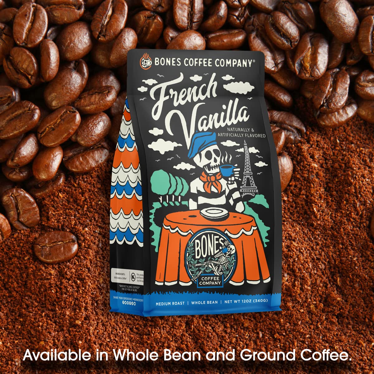 Bones Coffee Company Highland Grog, Butterscotch Caramel Flavored Coffee, Medium Roast Low Acid Arabica Beans Compatible with Auto drip and French Press Coffee Maker, 12 Oz Ground