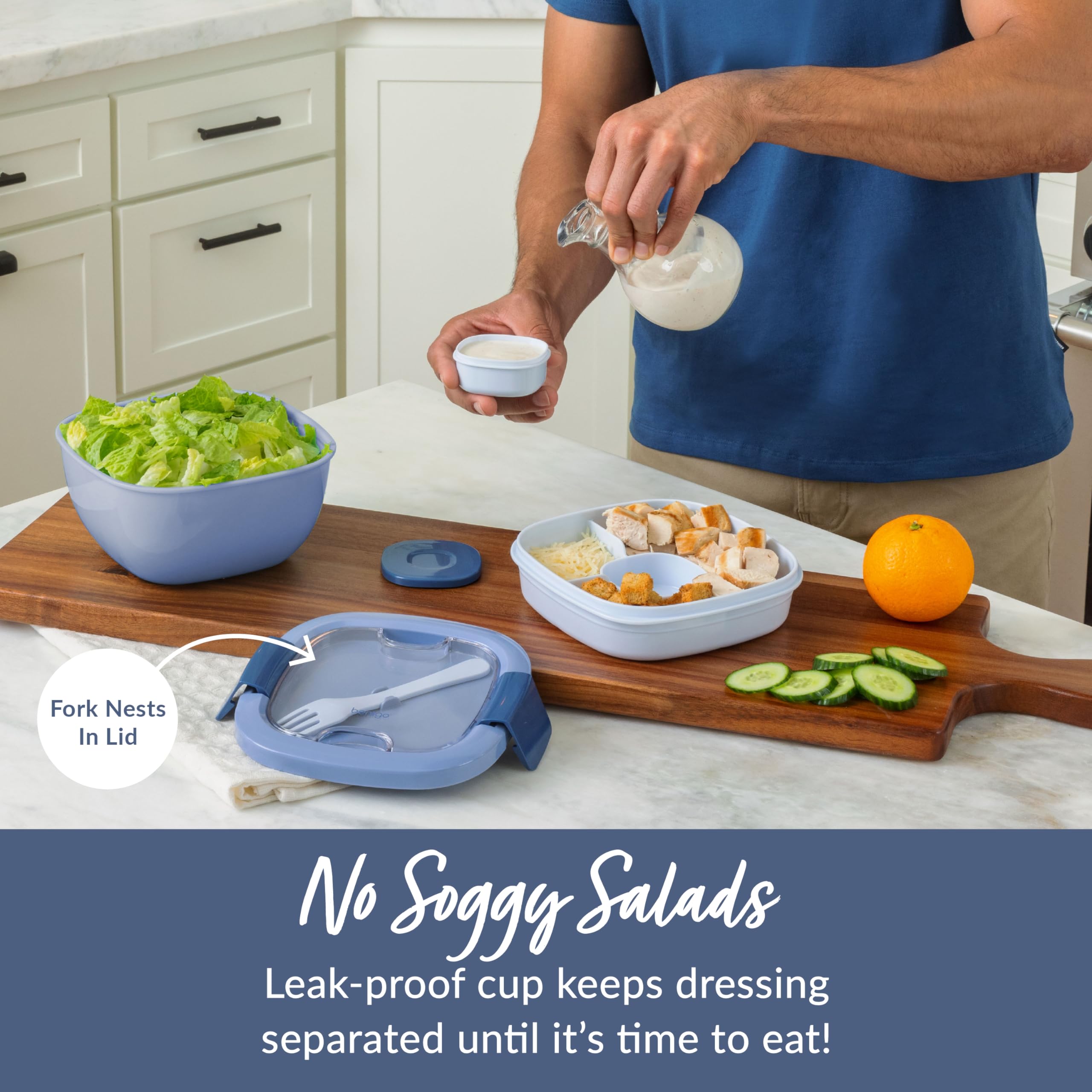 Bentgo Salad Container - 54 oz Bowl with 4-Compartment Toppings Tray, Leak-Proof Dressing Container, Reusable Fork, BPA-Free Lunch Box for Meal Prep & Food Storage; Removable Bento Tray (Khaki Green)