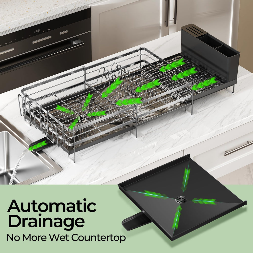 Large Dish Drying Rack, Expandable Dish Rack, Stainless Steel Anti-Rust Dish Racks for Kitchen Counter, Multifunctional Dish Drainer with Utensil Holder & Cup Holder, 13.4"-28.7" L x 11.8" W