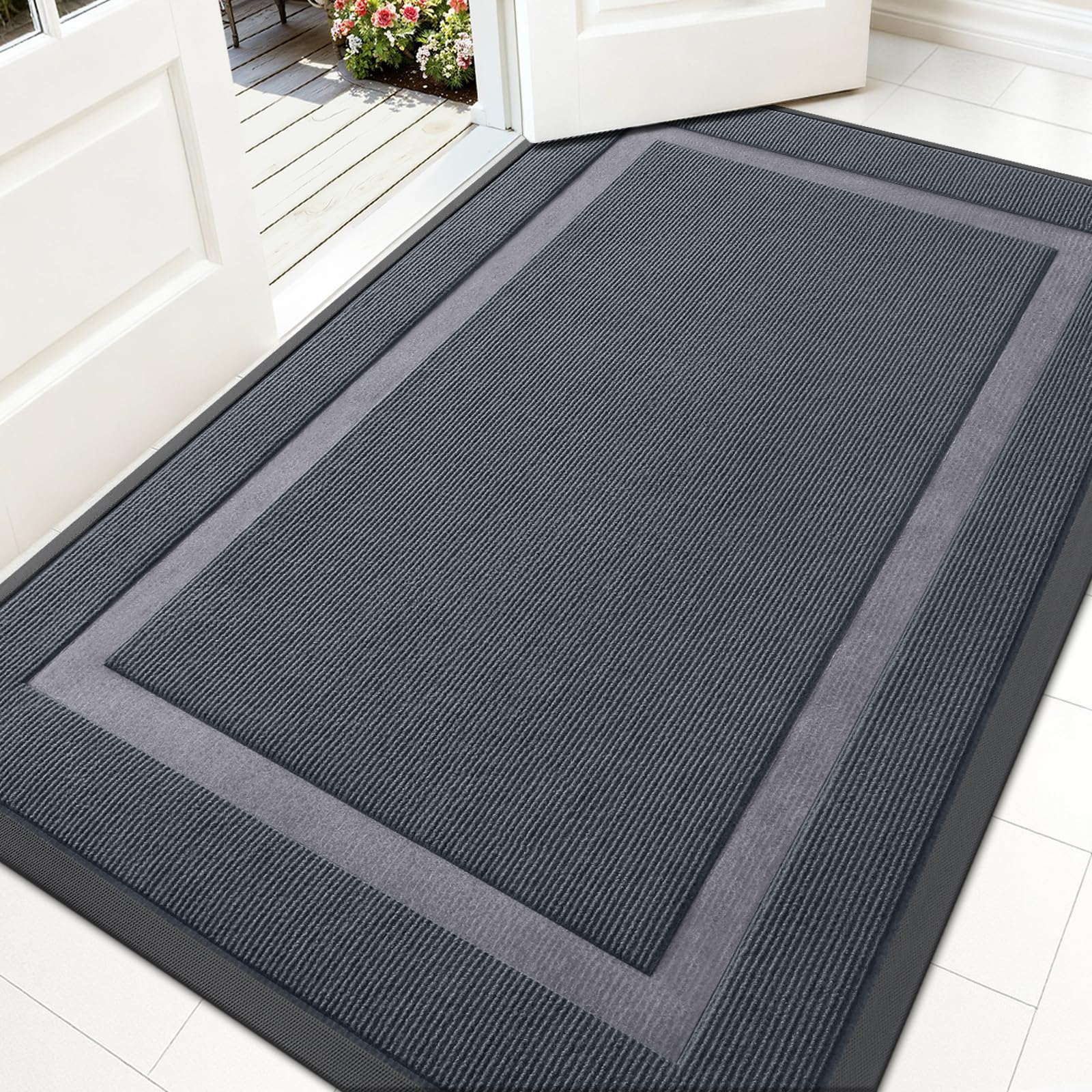 OLANLY Front Door Mat Indoor Outdoor Entrance, Waterproof All-Season, All-Weather Doormat, Sturdy Natural Rubber, Fade Resistant, Low Profile, Easy Clean Patio Porch Entryway Mat, 29.5x17, Black
