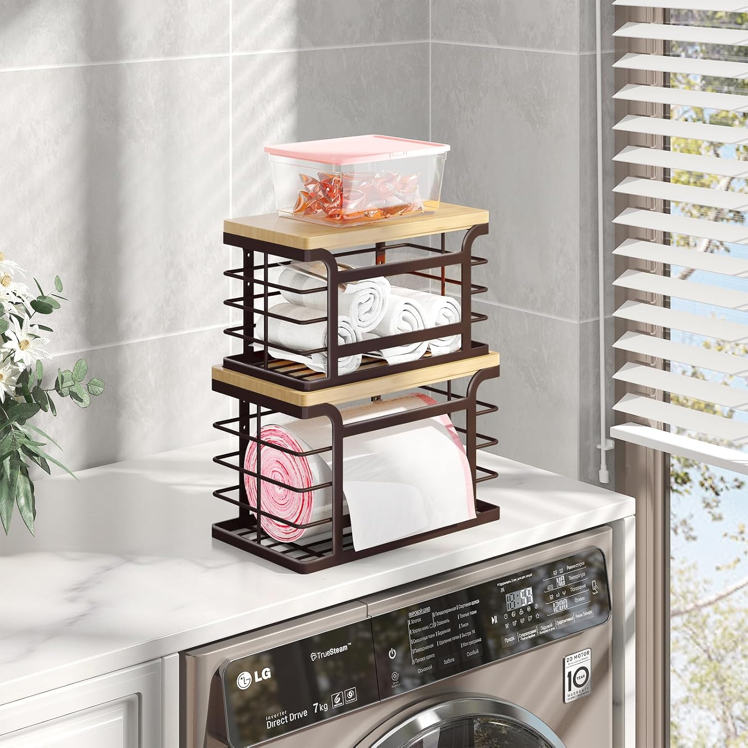 2 Pack Stackable Trash Bag Holder with Bamboo Top, 2025 Pro Wall Mount Laundry Room Organization, Djustable Hooks for Cabinet Door - Organizers in Kitchen/Pantry/Laundry Room, Brown