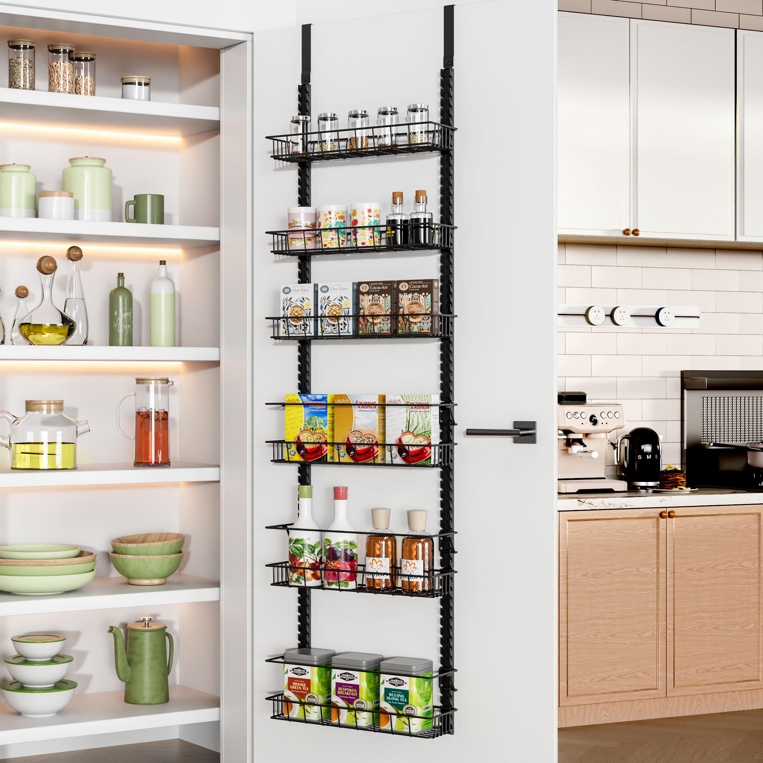 Churboro Over the Door Pantry Organizer Rack with 9 Adjustable Baskets, 9 Tiers Dual-use Hanging or Wall Mount Spice Rack Organizer, Black