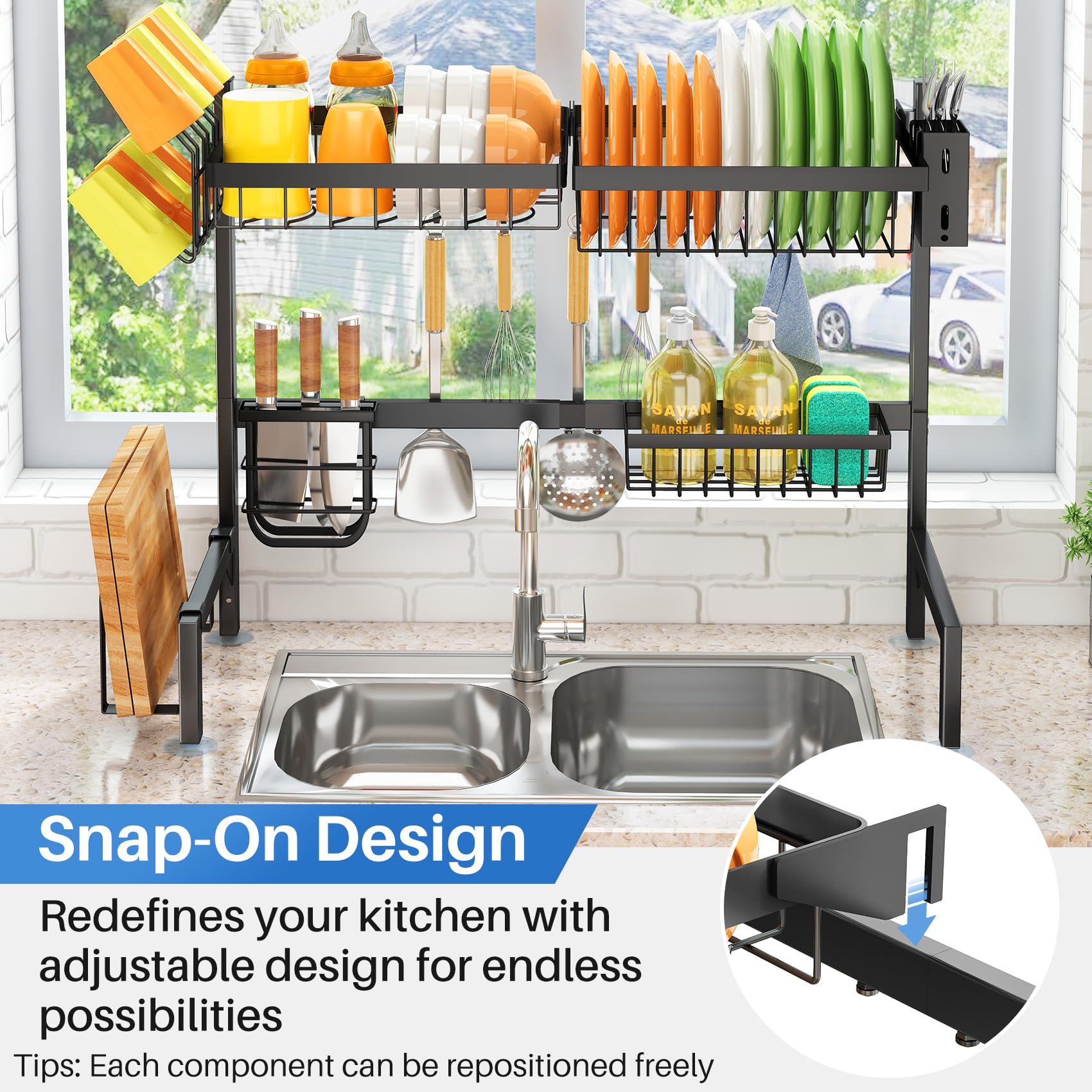 SNTD Over The Sink Dish Drying Rack - Adjustable Dish Rack for Kitchen Counter, Metal (Black)