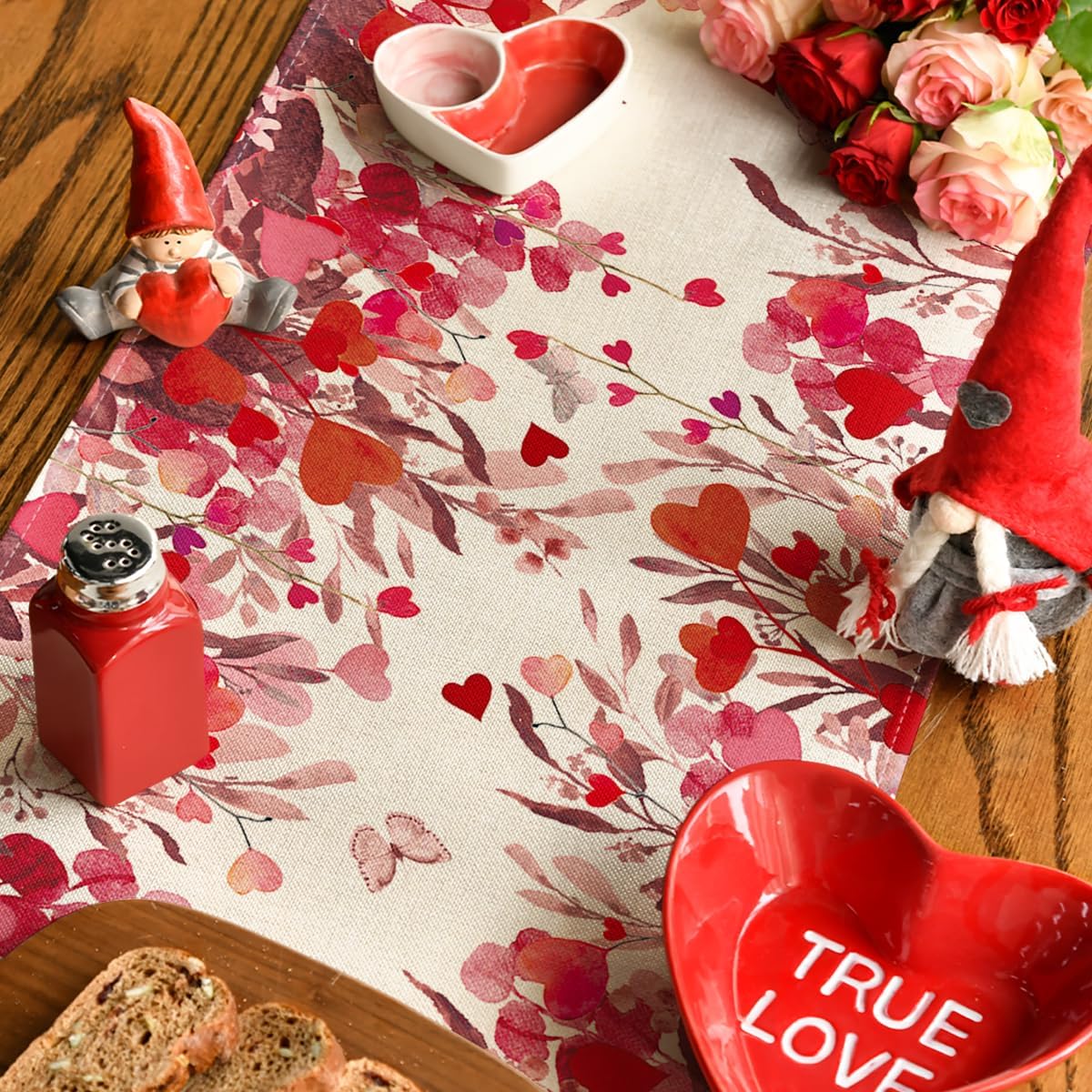 Artoid Mode Floral Red Love Heart Petals Table Runner, Wedding Kitchen Dining Table Decoration for Home Party Decor 13x72 Inch