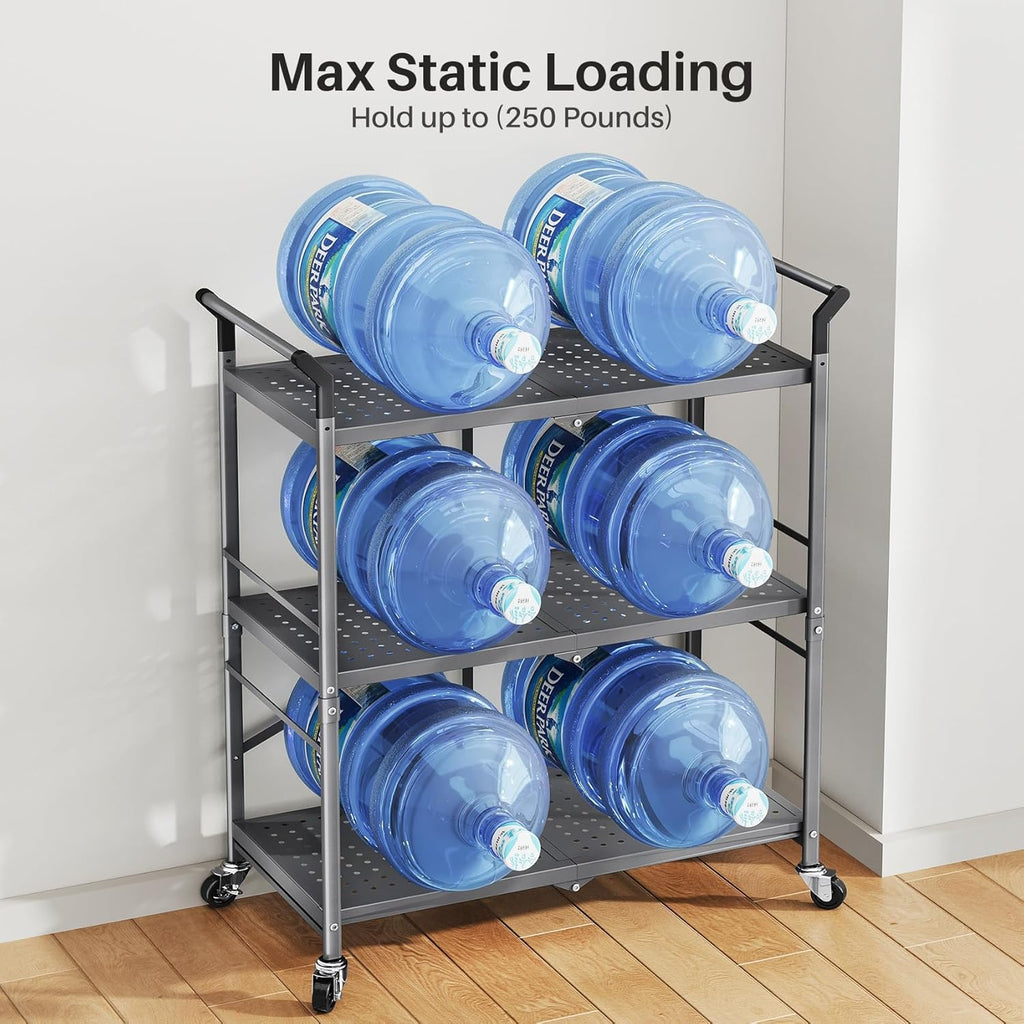 SNTD 3 Tier Rolling Cart Metal - Folding Utility Carts with Wheels for Office Storage Garage Kitchen, Grey
