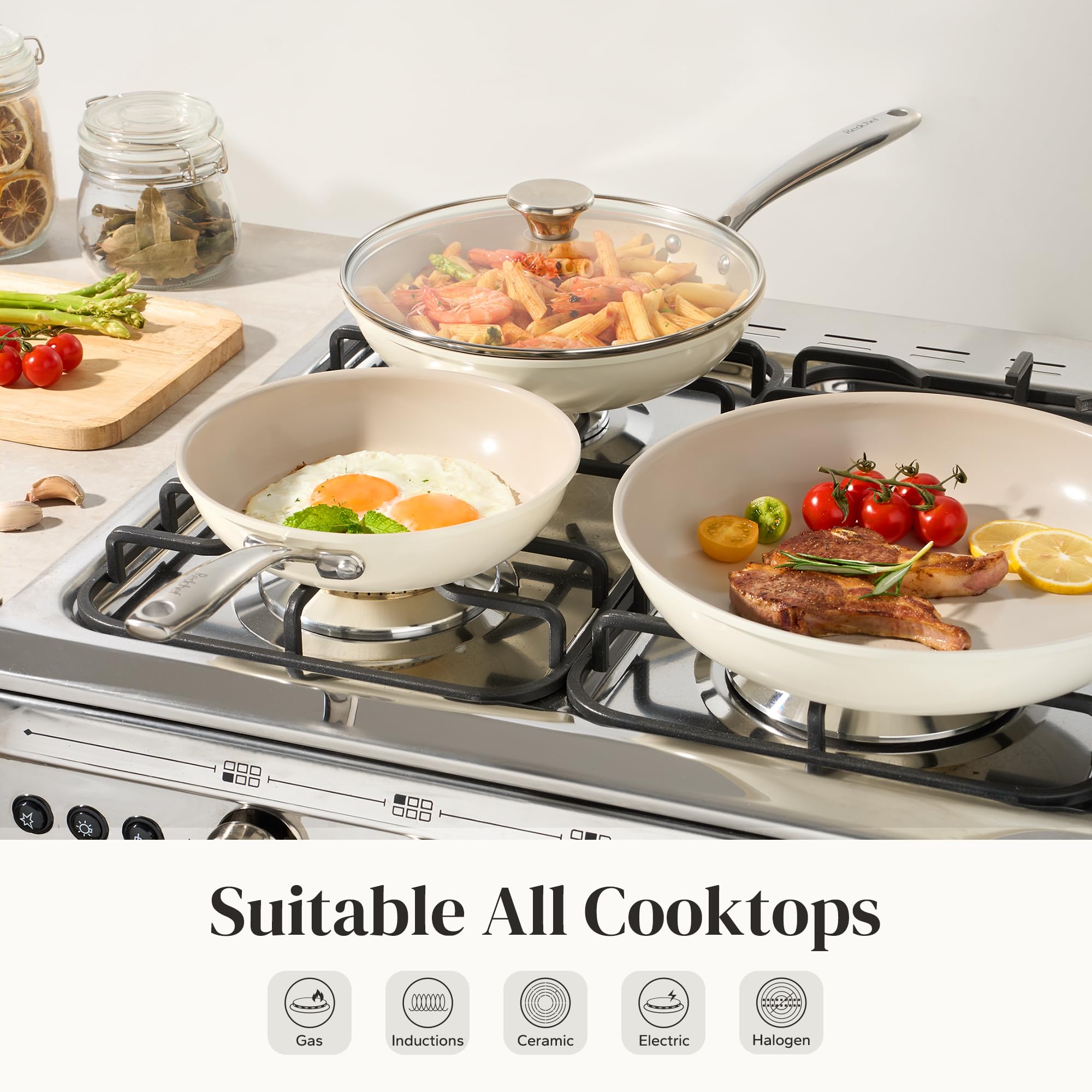 Redchef Nonstick Cookware Sets, Ceramic Frying Pan Set with Tempered Glass Lids, Non Stick Cooking Set, Dishwasher & Oven Safe, Induction Safe, Compatible with All Cooktops, Blue (8", 9.5", 11")