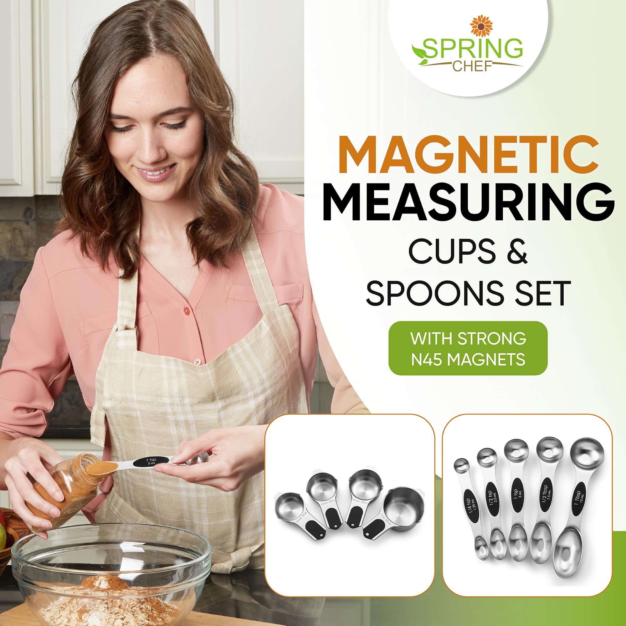 Spring Chef Magnetic Measuring Cups & Spoons Set, Patented, Strong N45 Magnets, Heavy Duty Stainless Steel Fits in Spice Jars for Baking & Cooking, BPA Free, Round Set of 15 with Leveler, Black