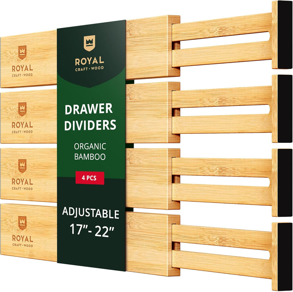 ROYAL CRAFT WOOD Adjustable Bamboo Drawer Dividers Organizers (17-22") - Bamboo Kitchen Drawer Organizer 7 Slot