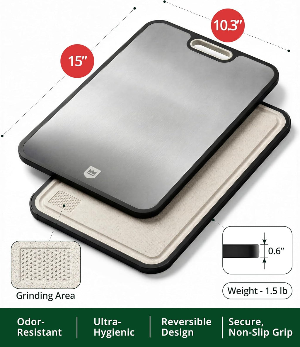 Titanium Cutting Board for Kitchen, Double Sided Cutting Board, Pure Titanium & PP, Large Metal Chopping Board with Juice Groove for Meat and Vegetables, Easy to Clean, 15”×10.4”
