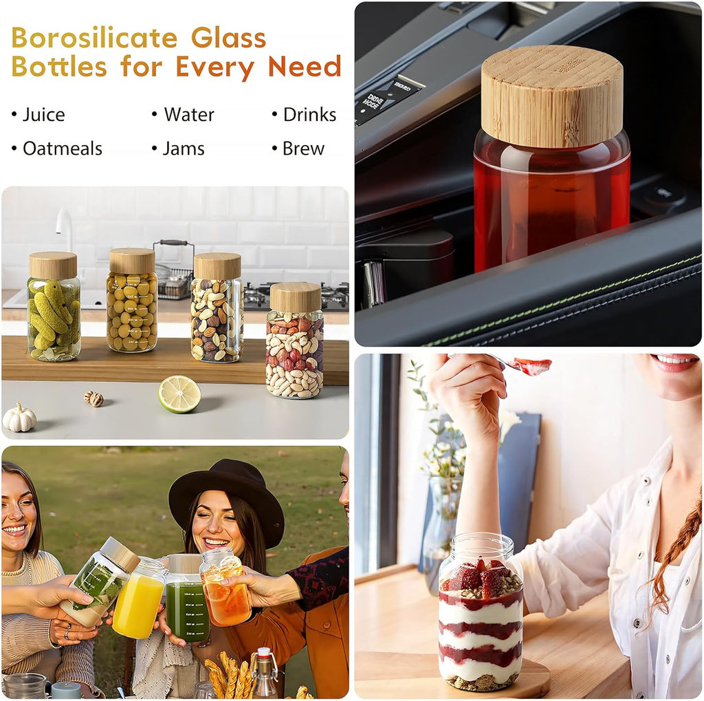 Freshmage 4 Pack Glass Water Bottles with Lids, 16 oz Reusable Wide Mouth Glass Juice Bottles with Bamboo Caps for Juicing, Smoothies, Water, Beverage Storage, 100% Leak Proof, BPA-Free, Borosilicate