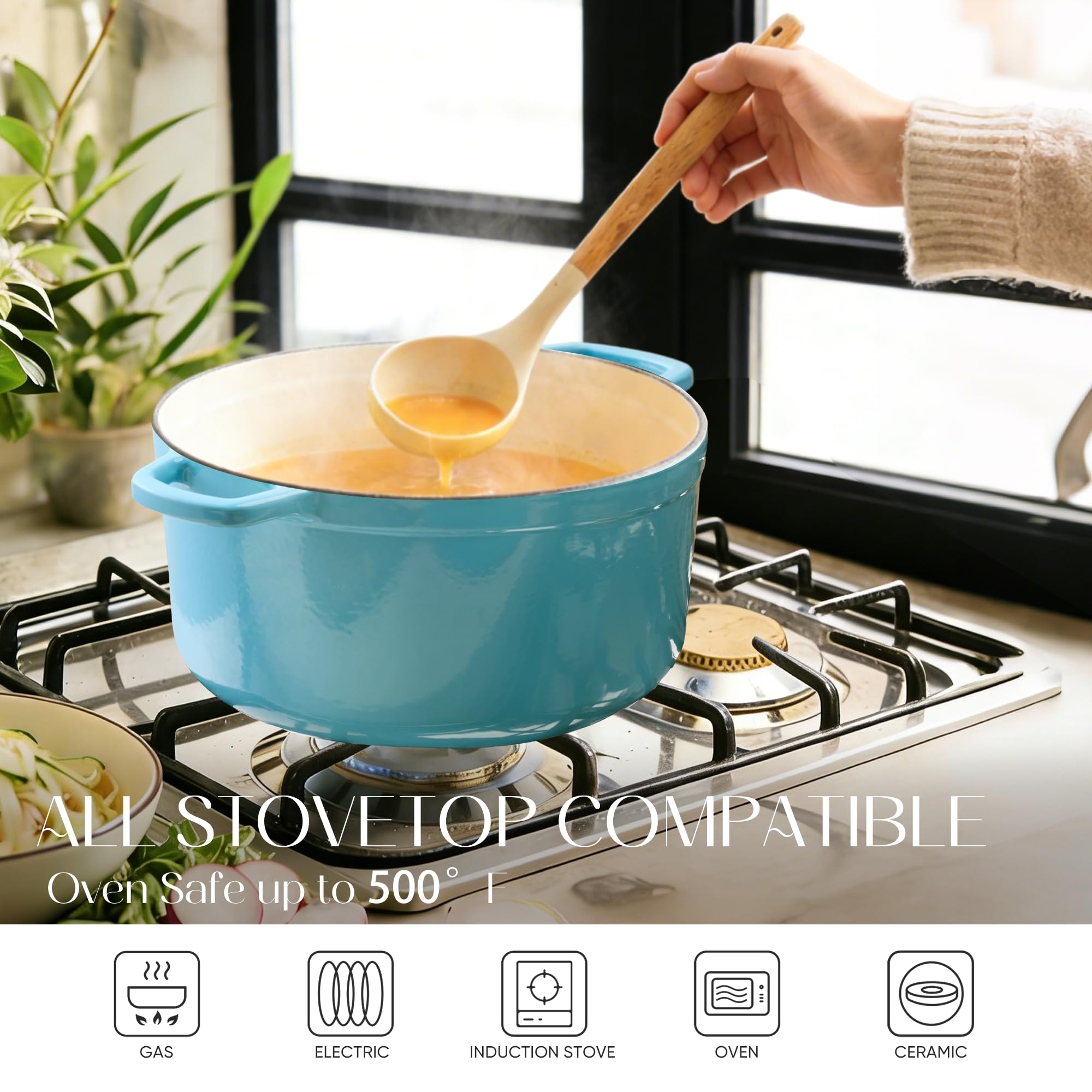 CAROTE 7QT Enameled Cast Iron Dutch Oven Pot with Lid, Heavy-Duty Dutch Ovens for Sourdough Bread Baking, Braising, Stews, Roasting, Healthy & Non-Toxic, Dual Handles, All Stovetop Compatible, Oven Safe up to 500° F, Cream White