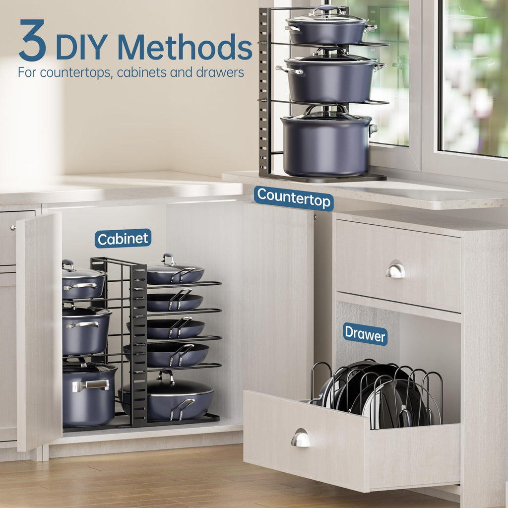 ORDORA Pots and Pans Organizer for Cabinet 16.61 Height, 8 Tier Pot Organizers Rack with 3 DIY Methods, Adjustable Pan Organizer under Cabinet Kitchen Organization and Storage