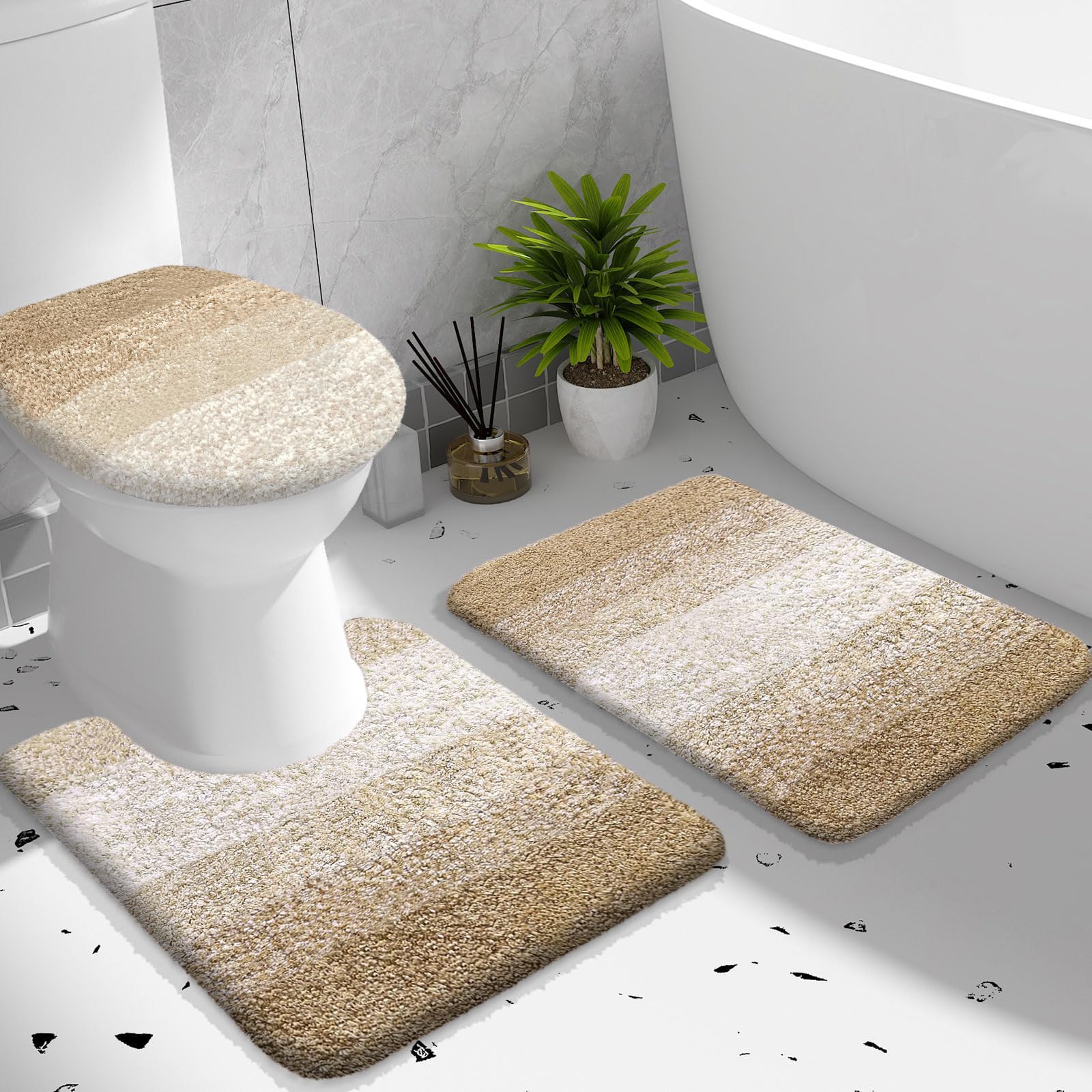 OLANLY Bathroom Rugs Sets 3 Piece, Soft Microfiber Absorbent Bath Mat, U-Shaped Contour Toilet Mat and Toilet Lid Cover, Quick Dry, Machine Washable, Toilet Cover and Rug Set for Bathroom, Grey