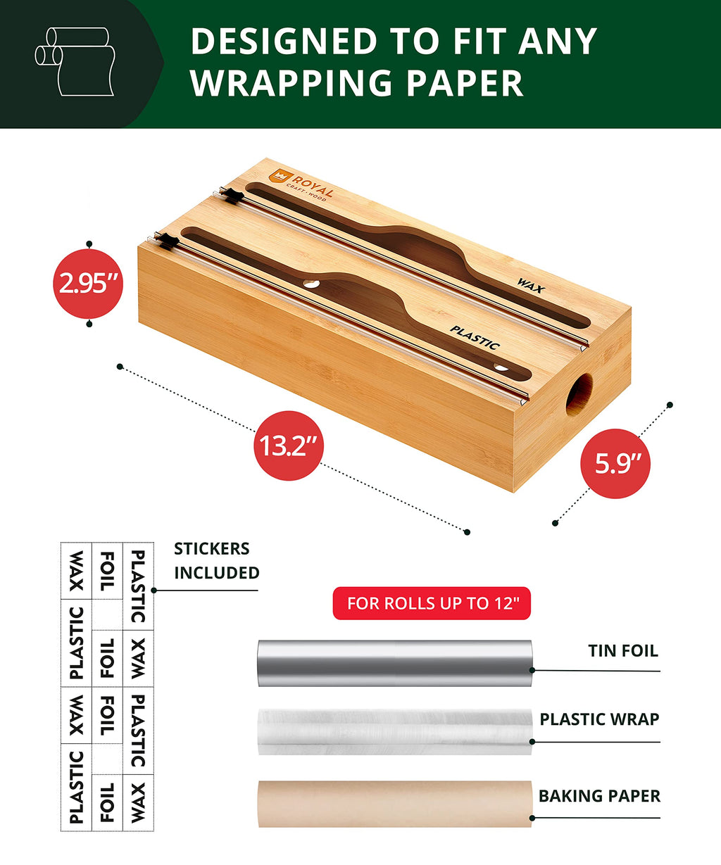ROYAL CRAFT WOOD Bamboo Kitchen Foil and Plastic Wrap Organizer for Drawer with Cutter 2-Slots