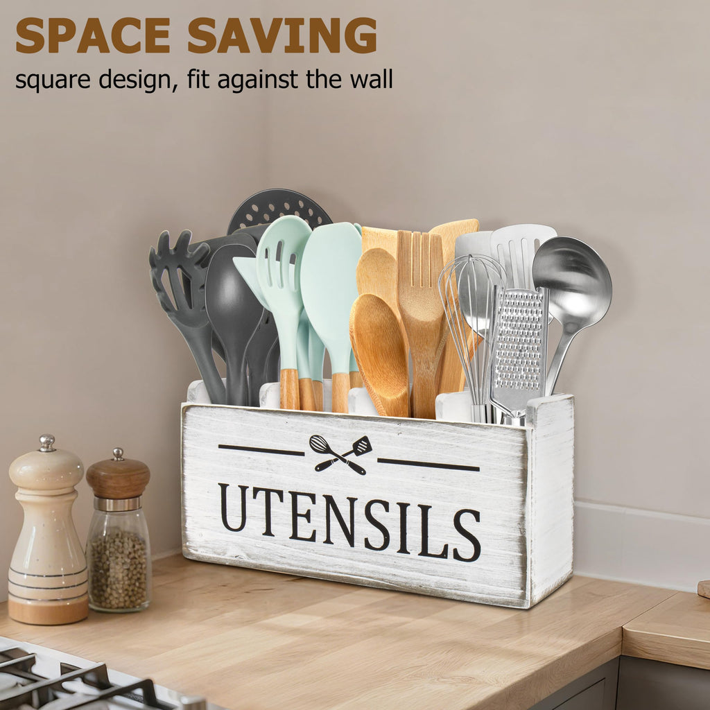 RedCall Extra Large Utensil Holder Organizer,4 Compartments Wooden Kitchen Tool Holder for Countertop,Rustic Farmhouse Utensil Organizer for Spatula Spoon Storage (Antique-4)