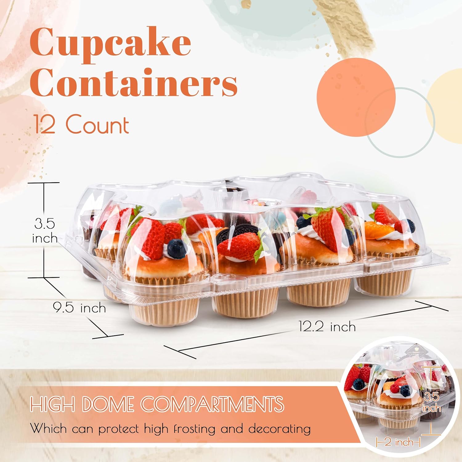 12 Count Cupcake Containers 12 Pack Cupcake Holders with Detachable Tall Dome Lids Clear Plastic Stackable Cupcake Boxes for 144 Cupcakes, BPA Free, Standard Size