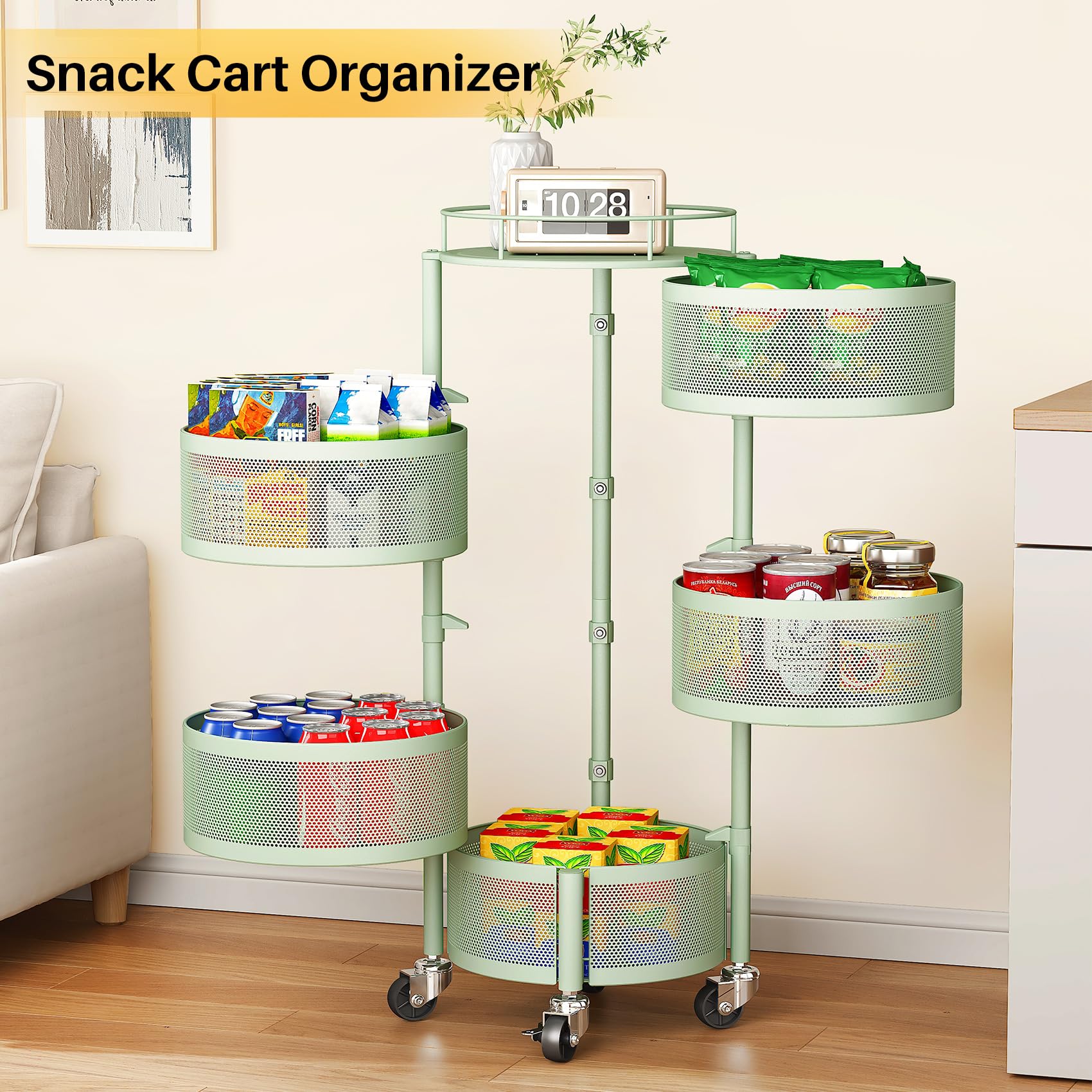 SNTD Fruit and Vegetable Basket Bowls for Kitchen with Metal Top Lid, 5 Tier Rotating Storage Rack Cart for Potato Onion Bread Banana, Wire Basket Organizer on Wheels, Large, Black