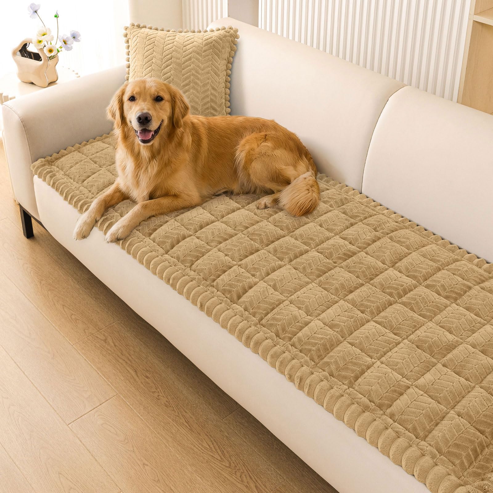 Smiry Non Slip Couch Covers for Dogs, Fuzzy Pet Couch Covers for 2-3 Cushion Sofa Pet Friendly, Soft Sofa Slipcovers Cushion Furniture Protector Washable (Beige, 27.6" x 59")