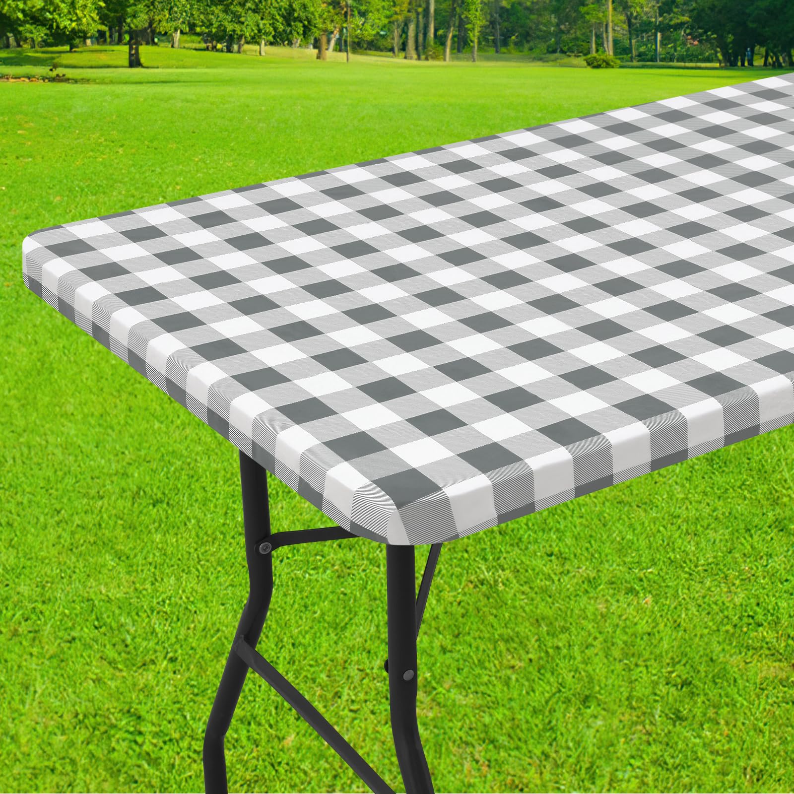 Smiry Rectangle Picnic Table Cloth, Elastic Waterproof Fitted Vinyl Tablecloths, Flannel Backed Buffalo Plaid Table Covers for Dining, Camping, Outdoor (Black and White, 30" x 72")