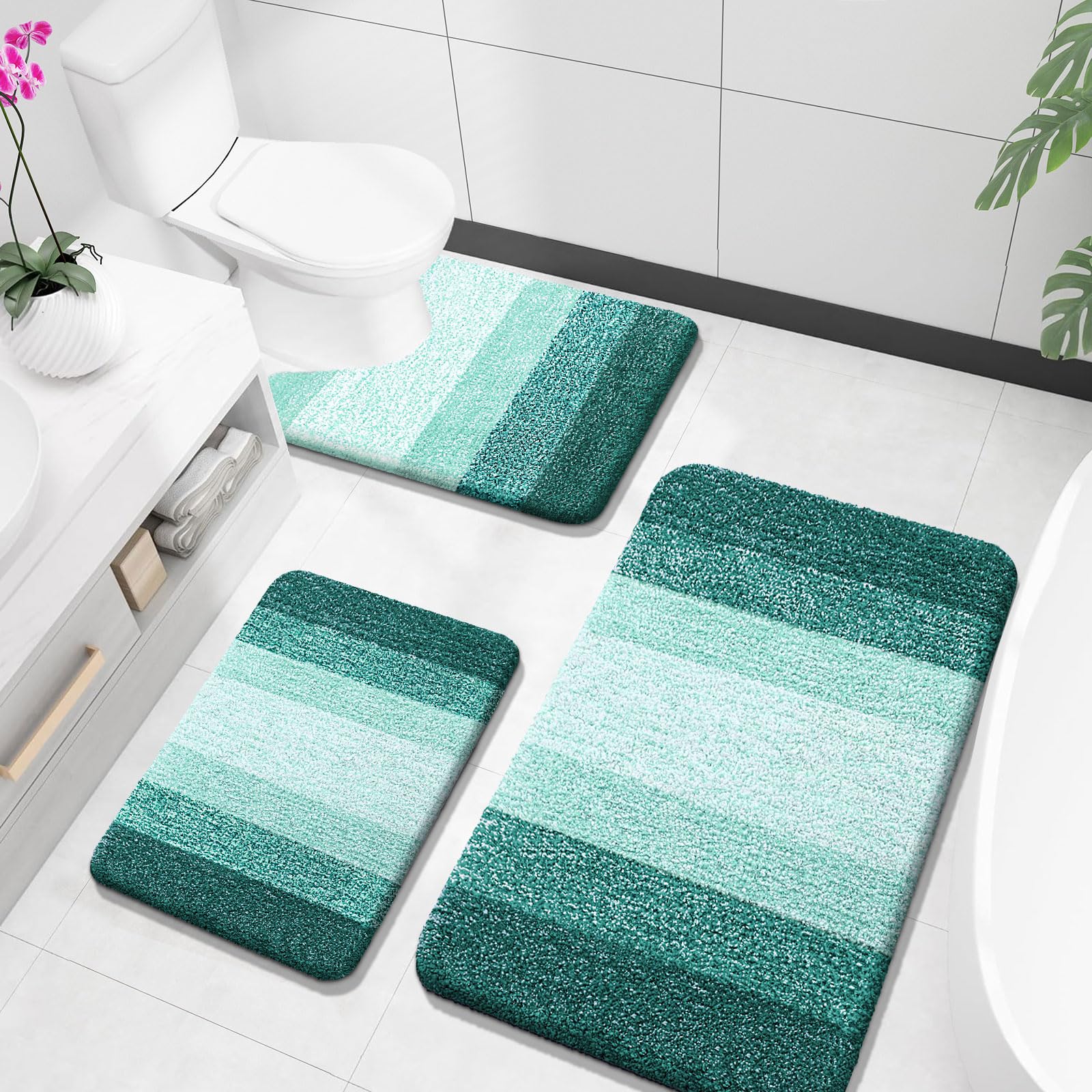 OLANLY Bathroom Rugs Sets 3 Piece, Soft Absorbent Microfiber Bath Mats and U-Shaped Contour Toilet Rug, Machine Wash Dry, Plush Shaggy Bath Mat Set for Bathroom (30"x20"+24"x16"+24"x20", Grey)