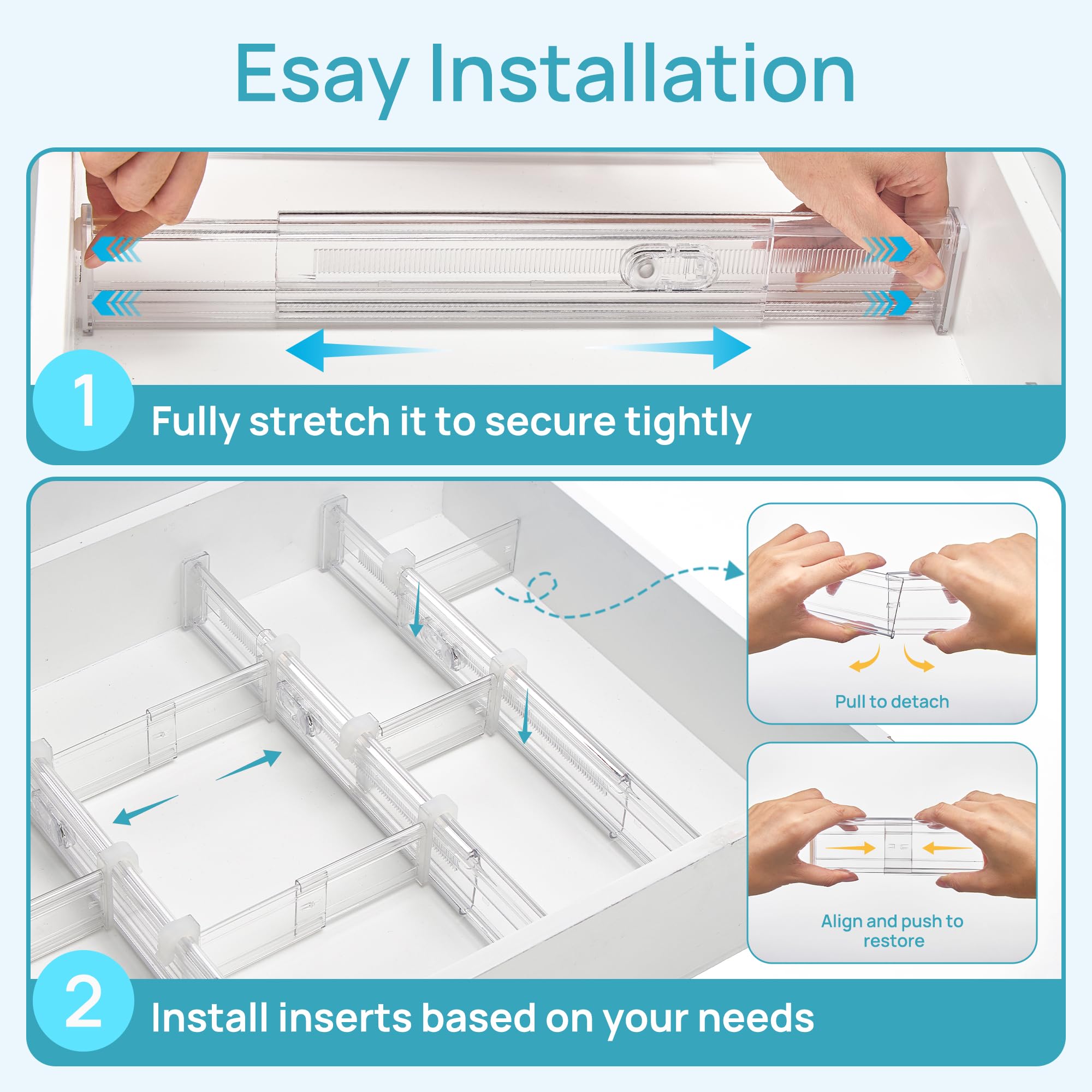 Vtopmart 8 Pack 6" Tall Upgrade Drawer Dividers for Big and Deep Drawer, 12.8"-22.3" Adjustable Expandable Dresser Drawer Organizer, Clear Plastic Separators for Dresser, Baby Supplies, Kitchenware