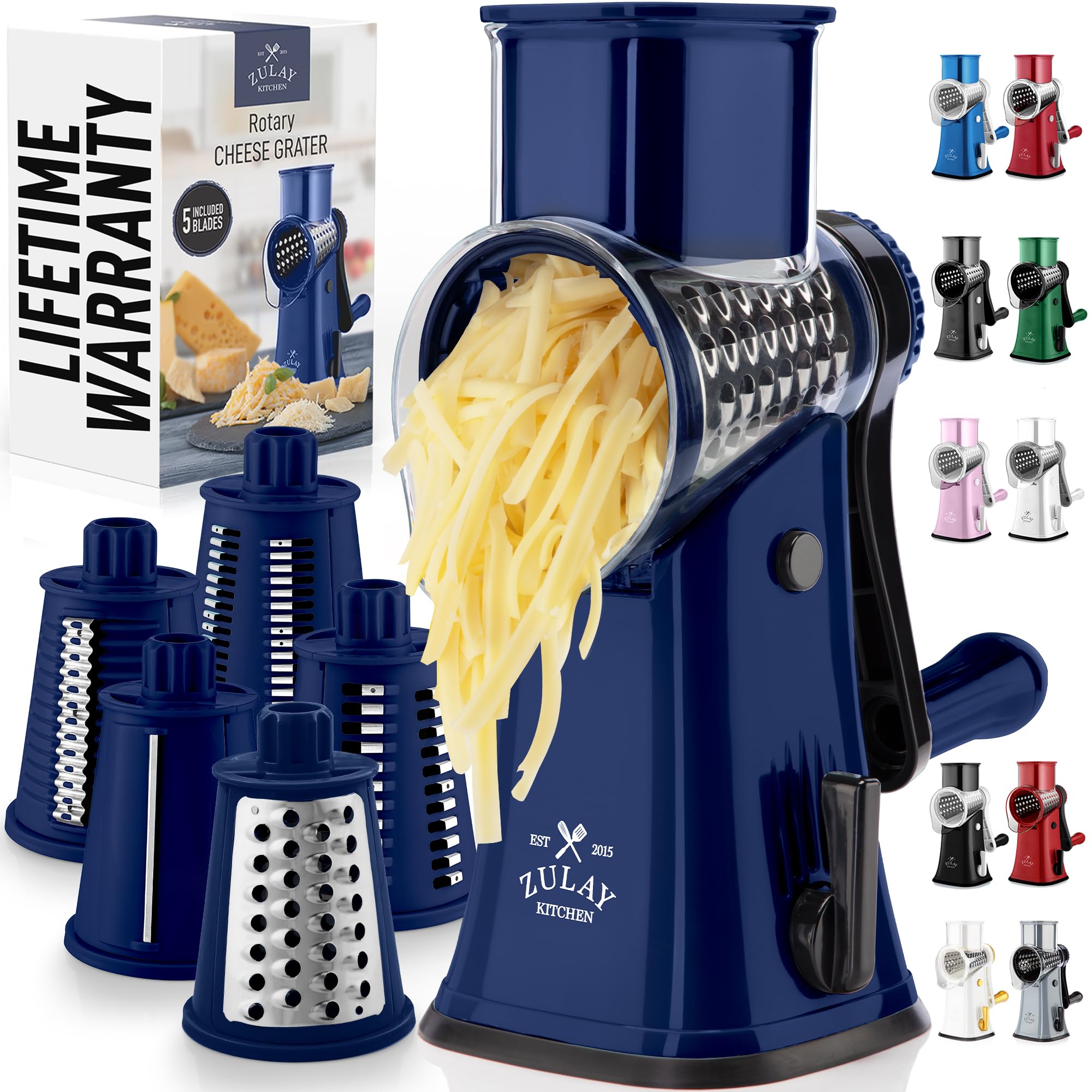 Zulay Kitchen Rotary Cheese Grater 5 Blade Cheese Shredder - Manual Hand Crank Cheese Grater With Reinforced Suction & 5 Interchangeable Drums - Easy to Use, Vegetable Chopper Round Mandoline Slicer