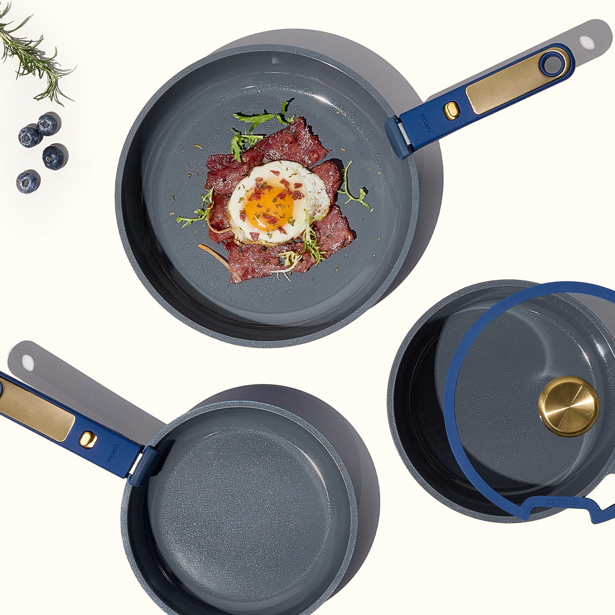 CAROTE Blue&Gold Ceramic Cookware Set Non Toxic, PFAS Free,15Pcs Pots and Pans Set Non Stick Detachable/Removable Handle,Kitchen Cooking Set Dishwasher Safe, Nonstick Pot and Pan, Induction Cookware