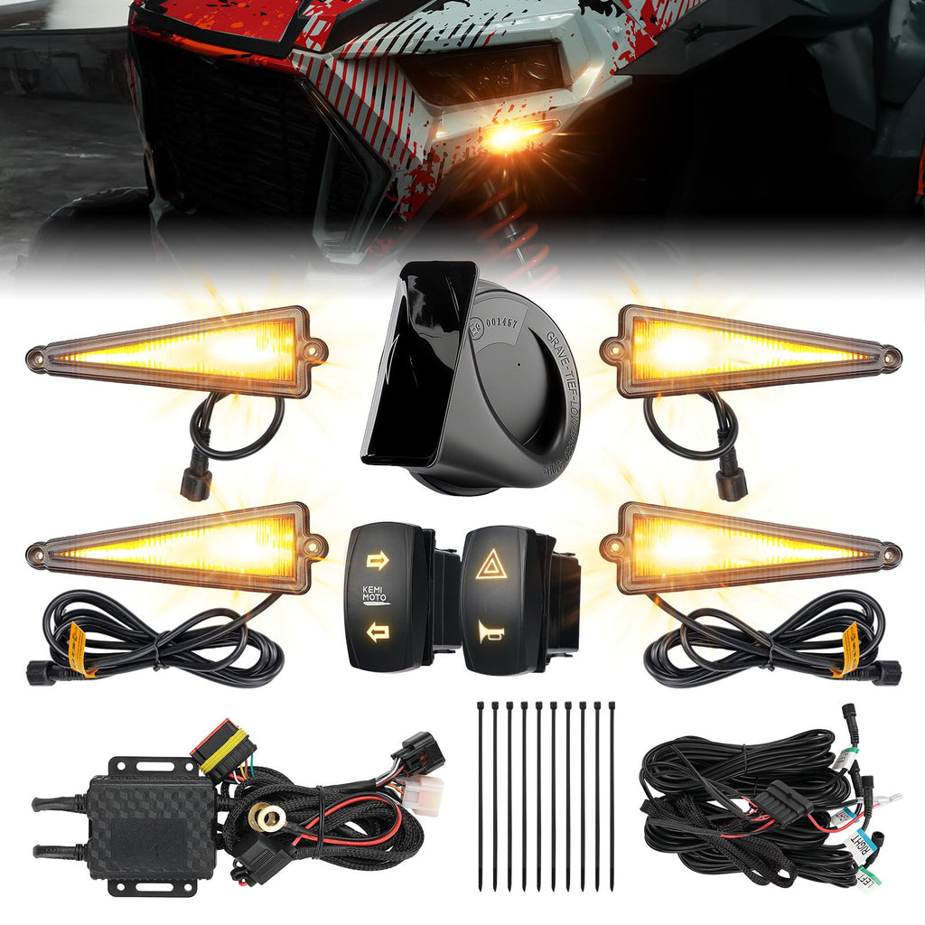 KEMIMOTO UTV Turn Signal Kit with 110D Horn, Pre-Wired, Plug and Play UTV ATV Blinker with Rocker Switch, Triangle Universal Street Legal Turn Signals Compatible with Polaris, Can-Am, Teryx, CFMOTO