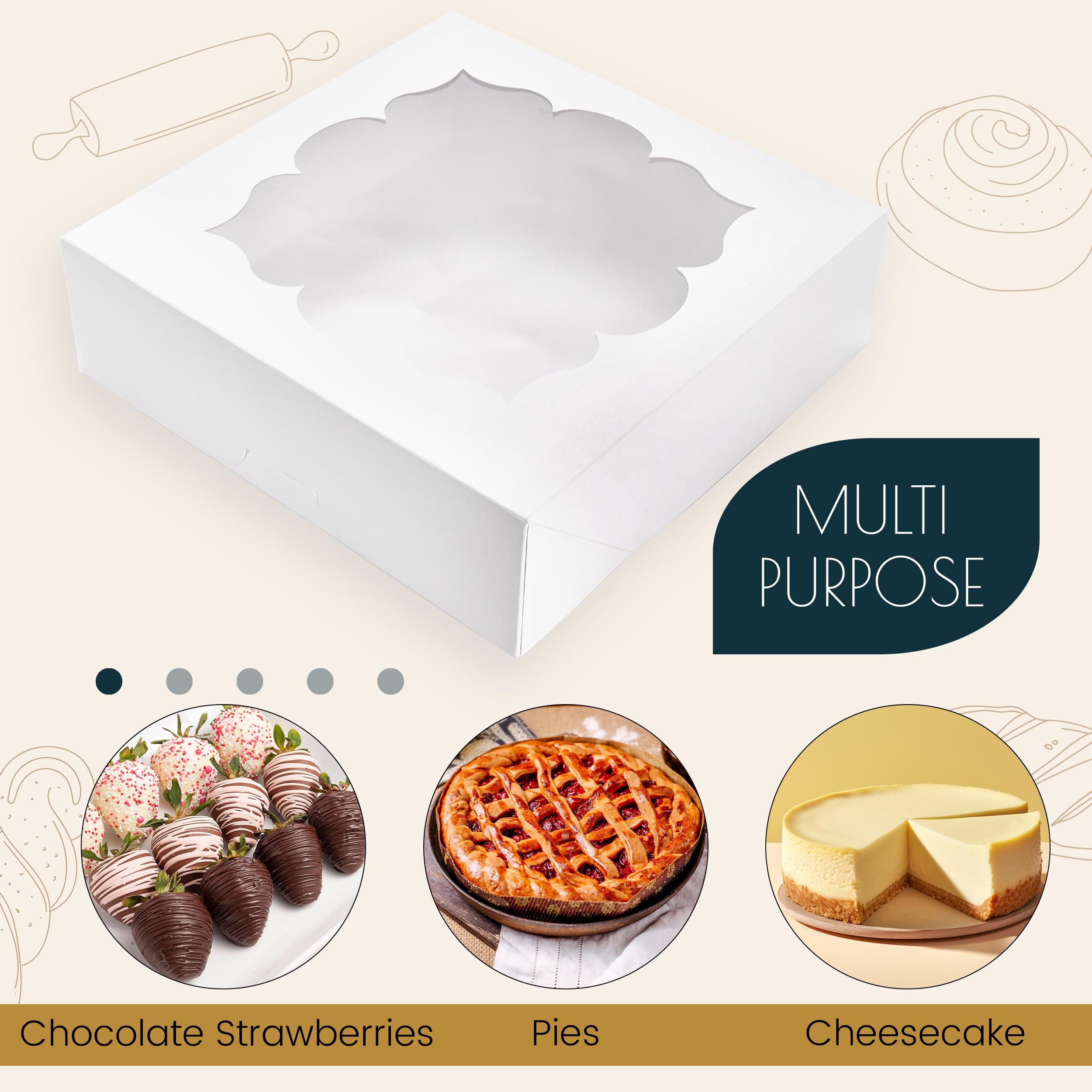 30 Pack Pie Boxes with Window 10x10x3 in Bakery Boxes Perfect for Pies, Cheesecake, Cookies, Muffins and Chocolate Covered Strawberries (Brown)