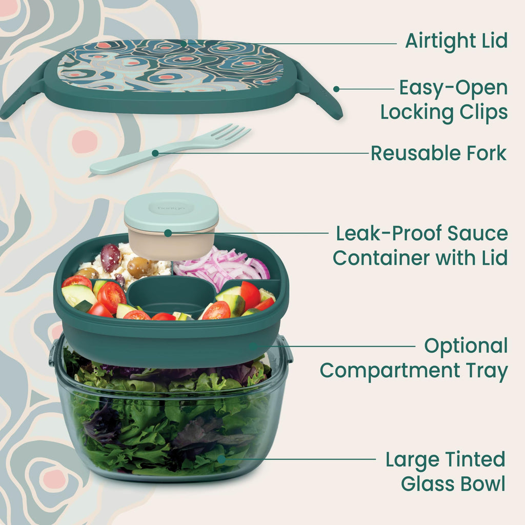 Bentgo Glass Salad Container - 7.6-Cup Salad Bowl with Airtight Lid, Leak-Proof Sauce Container, 4-Compartment Bento Tray & Reusable Fork - BPA-Free for Meal Prep, Office & More (Lavender)