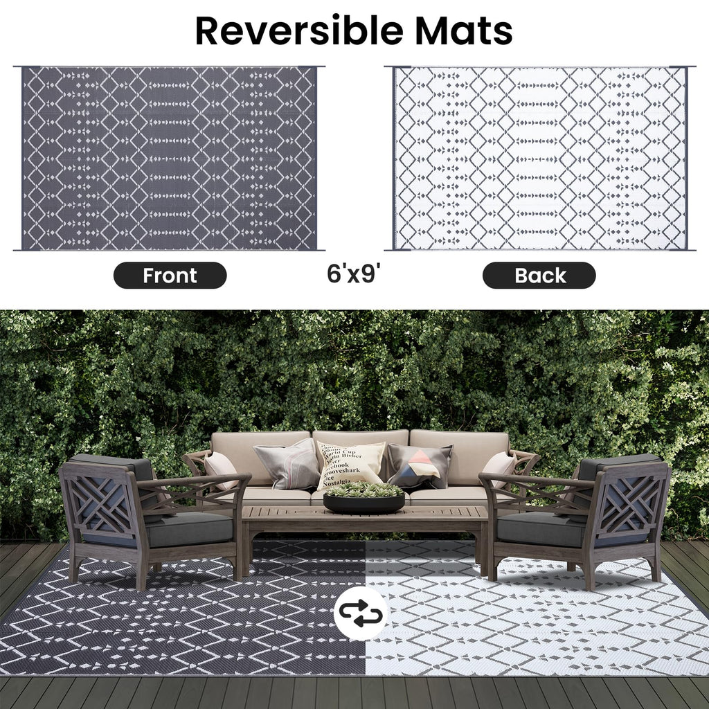 Smiry Waterproof Outdoor Rug 5x8 ft, Reversible Plastic Straw Patio Camping Rugs, Outdoor Indoor RV Mat Carpet for Patio, Outside Entry, Backyard, Deck, Bench, Picnic, Camper, Black & Beige