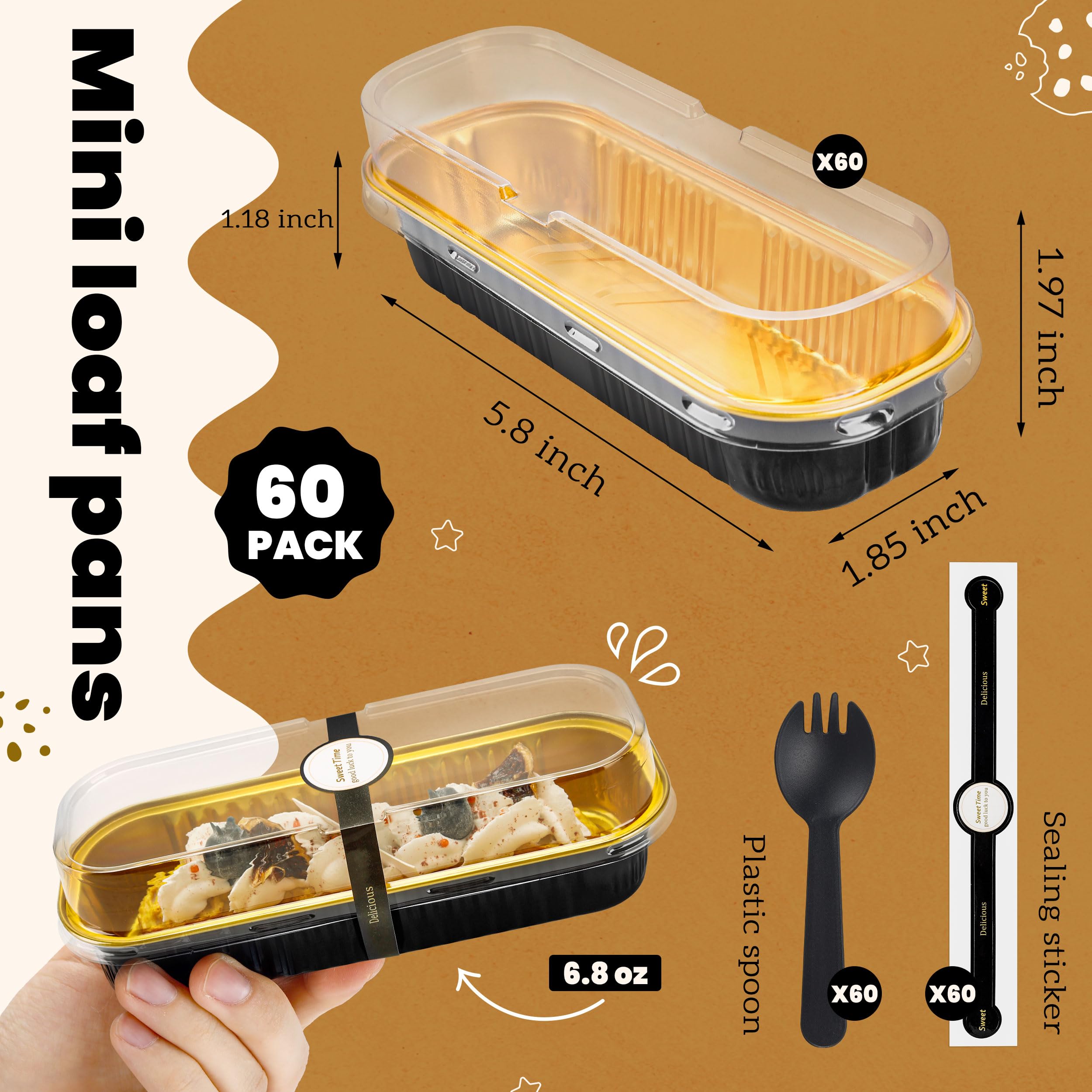 Mini Loaf Pans with Lids and Spoons Rectangular Aluminum Foil Baking Pans Mini Cheesecake Containers 6.8oz(60 Pack, Pink)
