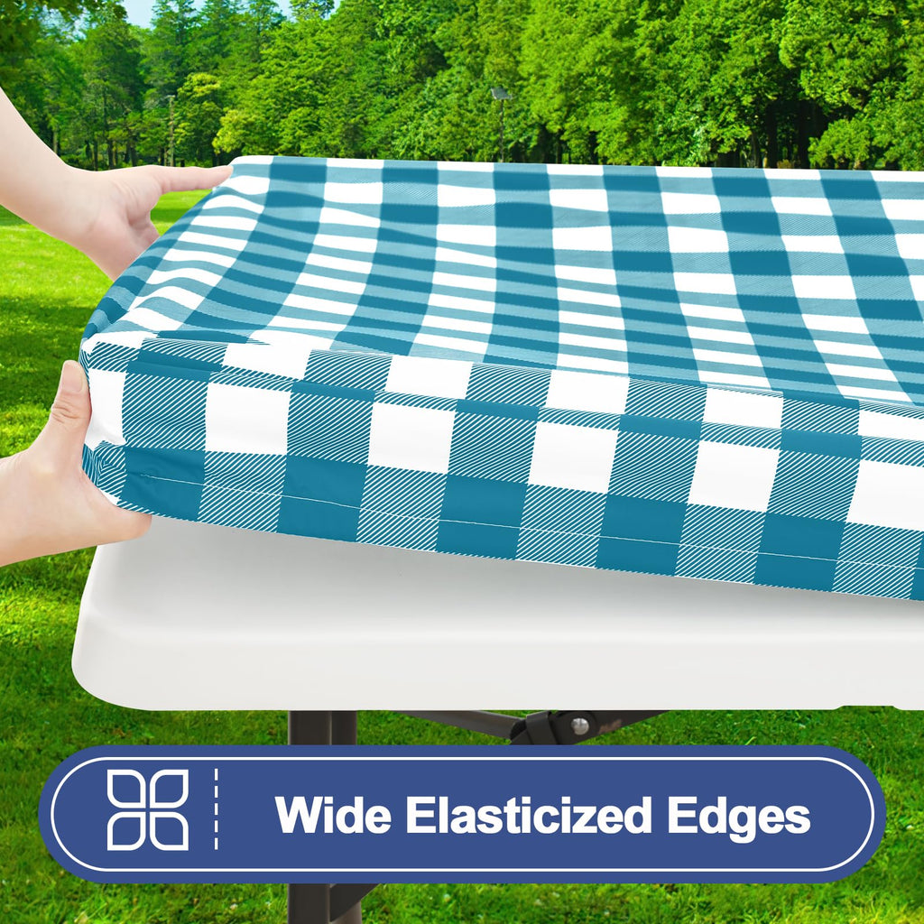 Smiry Picnic Table Cover with Bench Covers, Waterproof Elastic Fitted Tablecloths for 6 Foot Rectangle Tables, Washable Buffalo Plaid Tablecloth for Camping, Outdoor (Black & White, 30"x72")