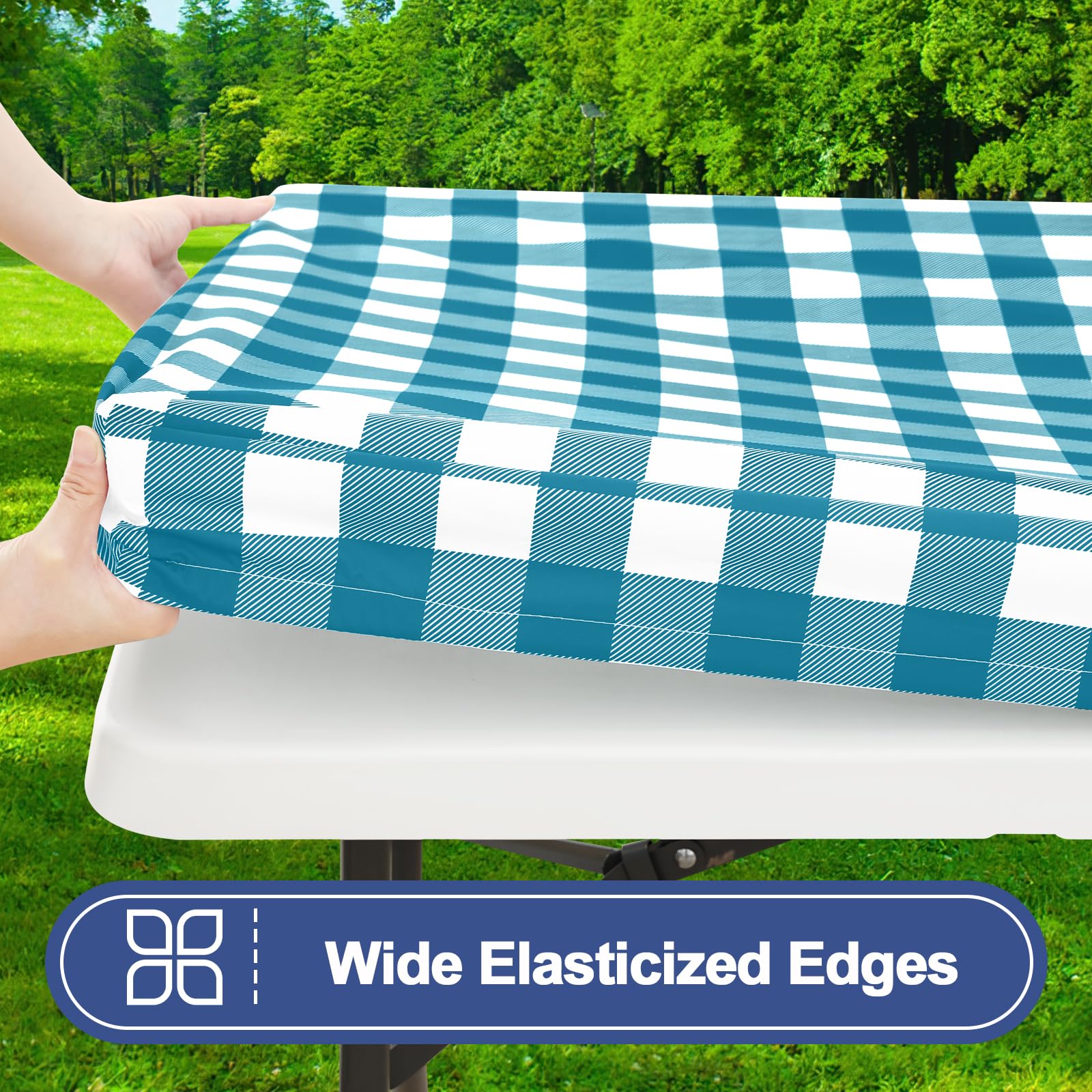 Smiry Picnic Table Cover with Bench Covers, Waterproof Elastic Fitted Tablecloths for 6 Foot Rectangle Tables, Washable Buffalo Plaid Tablecloth for Camping, Outdoor (Black & White, 30"x72")