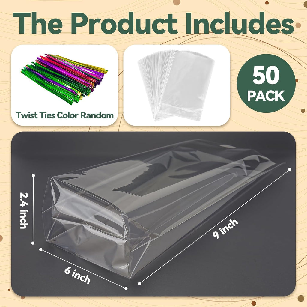50 Pack Cellophane Bags, Clear Flat bottom Cellophane Treat Bags with 50 Pack Twist Ties for Candy Popcorn Cookie Small Gift Wrapping(6×9×2.4 Inches)