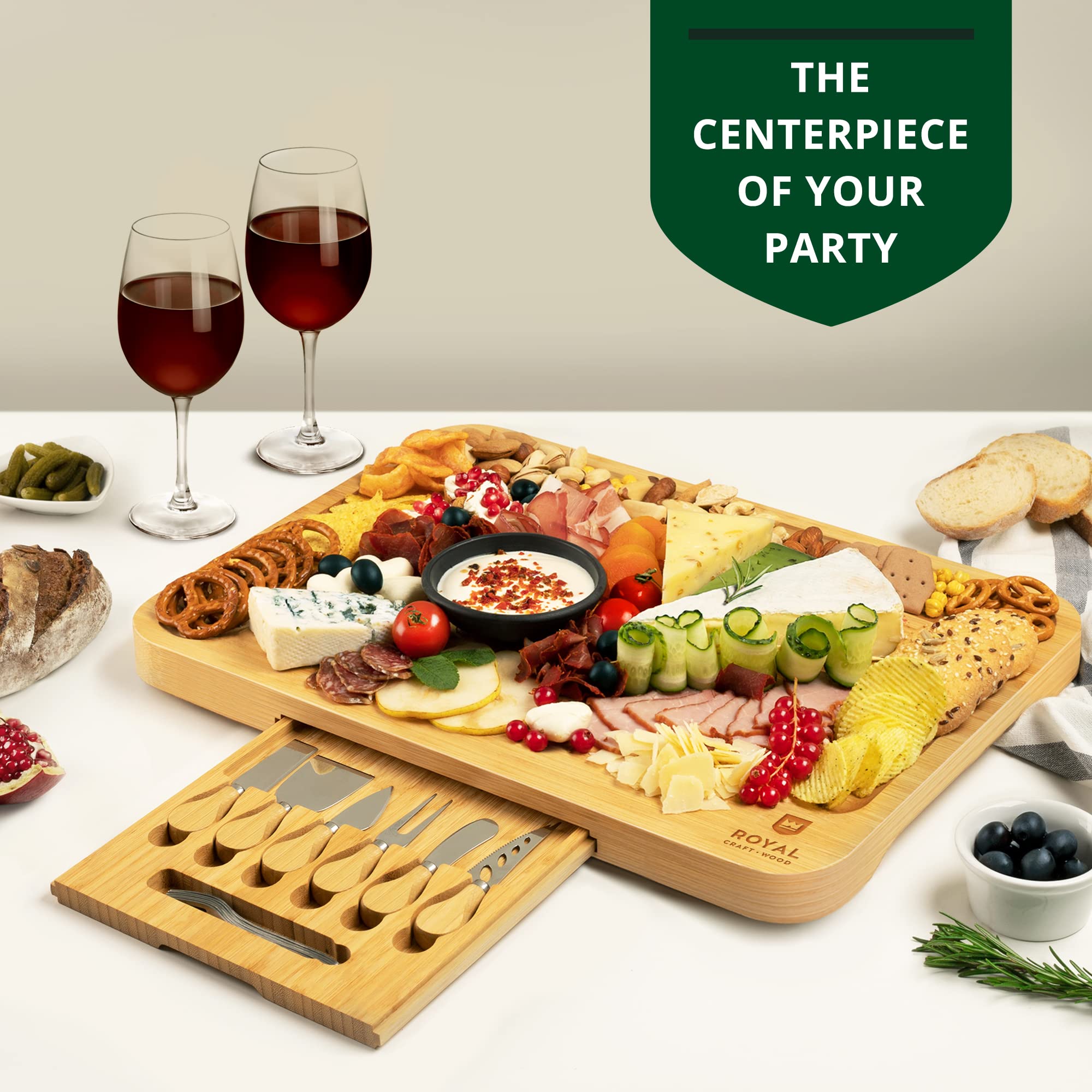 ROYAL CRAFT WOOD Premium Bamboo Charcuterie Board Set - Cheese Platter & Serving Tray & Serving Utensils - Perfect Housewarming Gift, Wedding, Bridal Shower Gift - Ideal for Entertaining and New Home