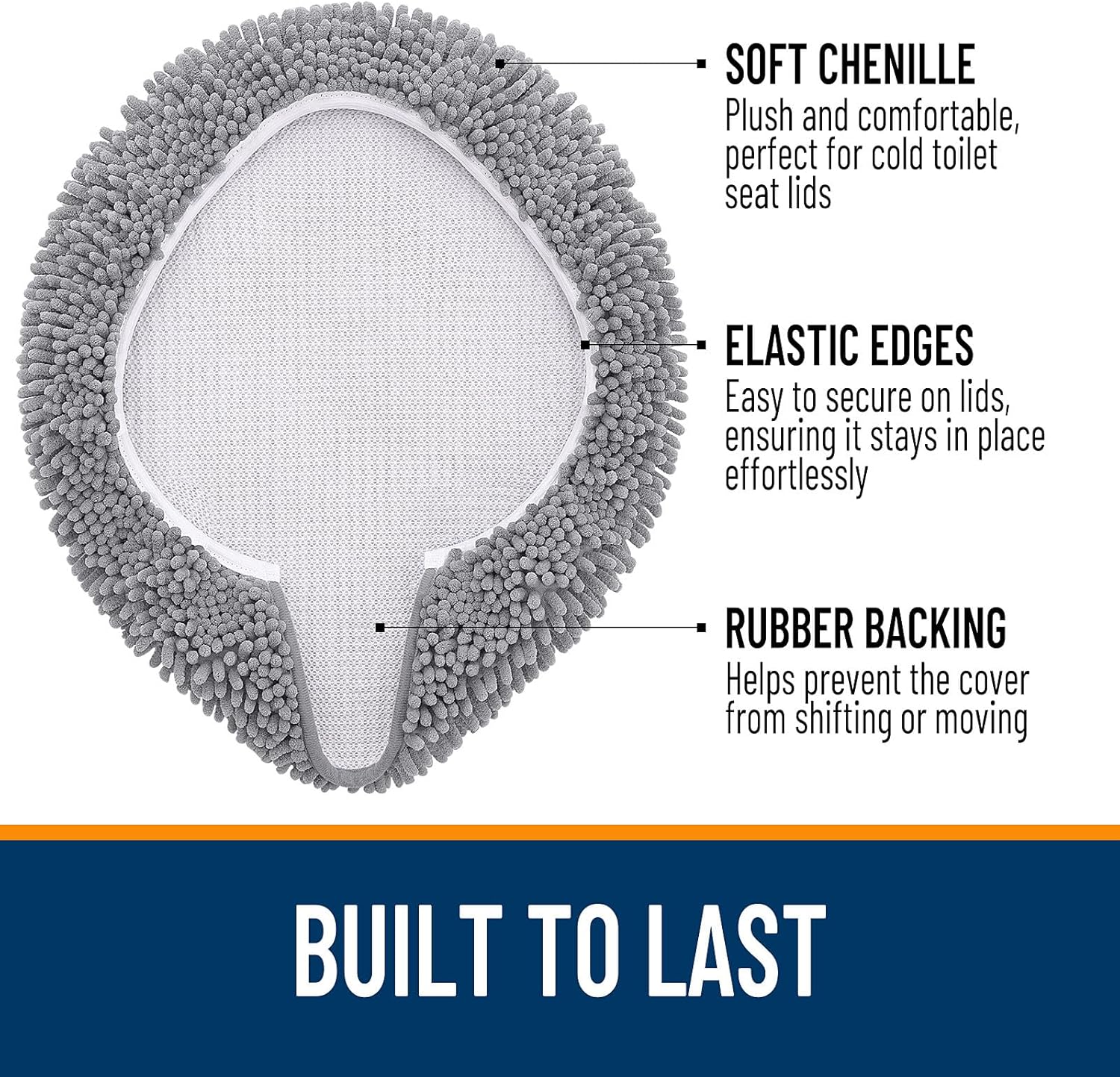 OLANLY Soft Chenille Bathroom Toilet Lid Cover, Machine Washable Seat Covers, 17.5x15, Stays in Place Rubber Backing, Fits Most Round, Elongated and Oblong Lids, Accessories Decor, Gray