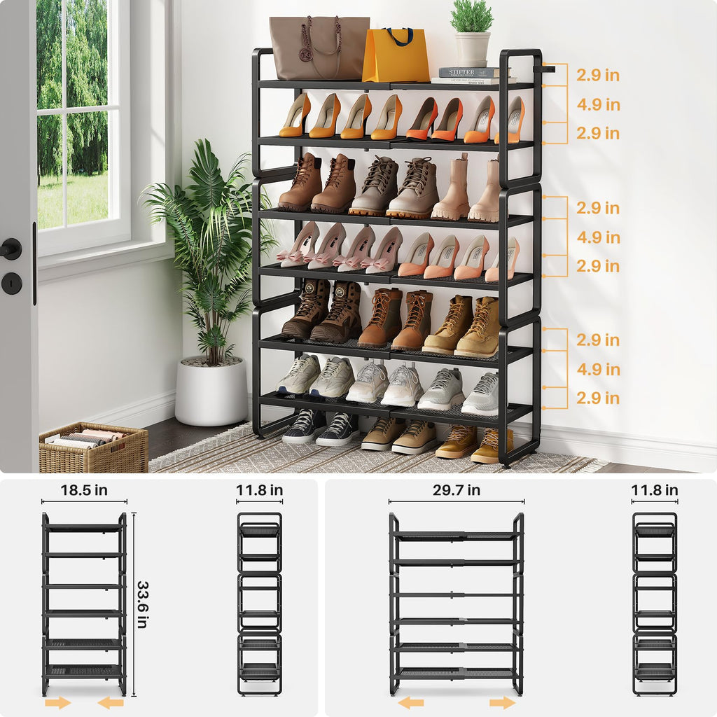 SNTD Shoe Rack - Expandable Shoe Organizer for Closet, Adjustable Metal Shoe Shelf Storage, Stackable Long Shoe Stand Holder for Garage, Entryway, Door Entrance (Black, 2-Tier)