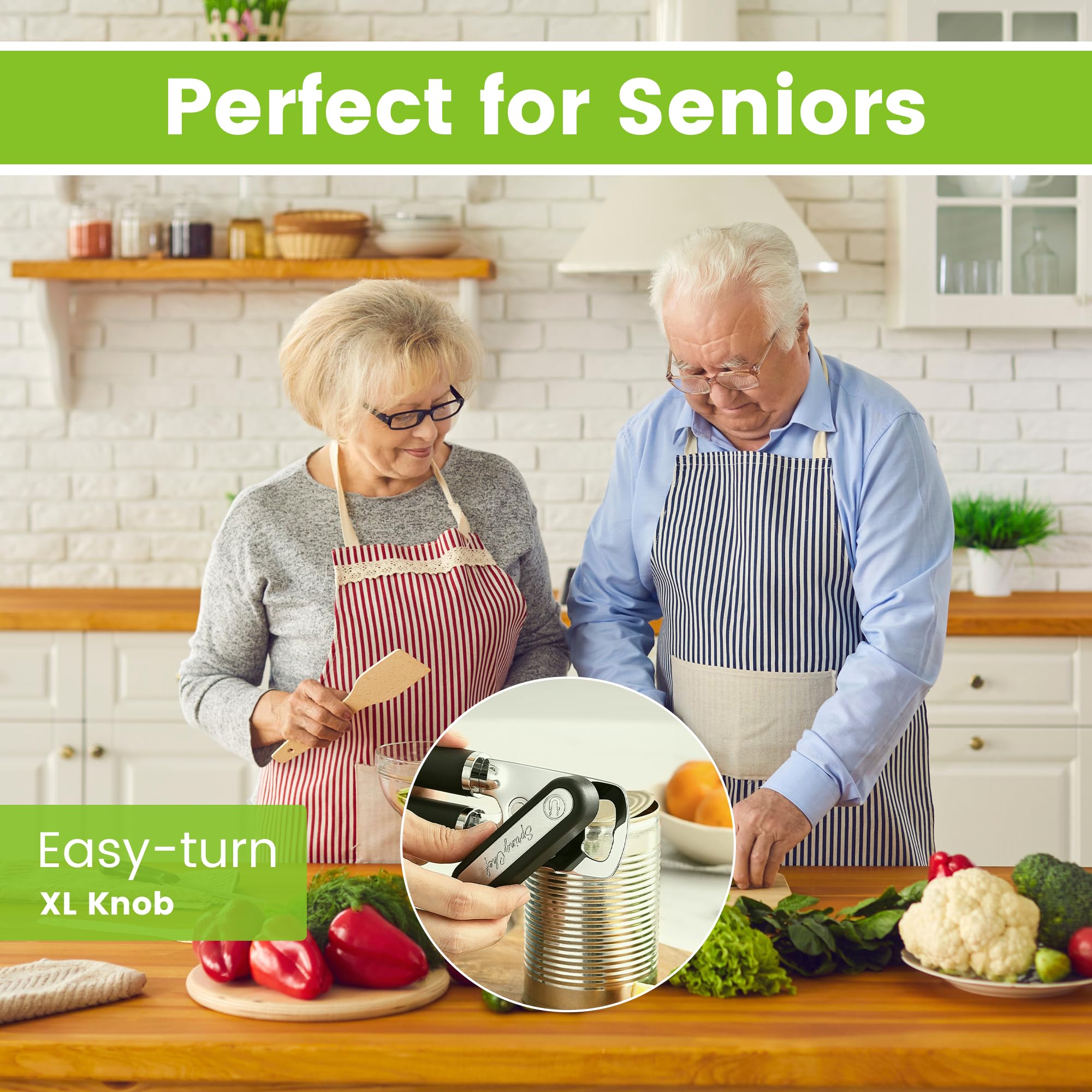 Spring Chef Stainless Steel Can Opener - Manual with Soft Grip Handles, Easy Turn, Heavy Duty Hand Can Openers for Seniors with Smooth Edge - Magnetic Lid Remover - Black