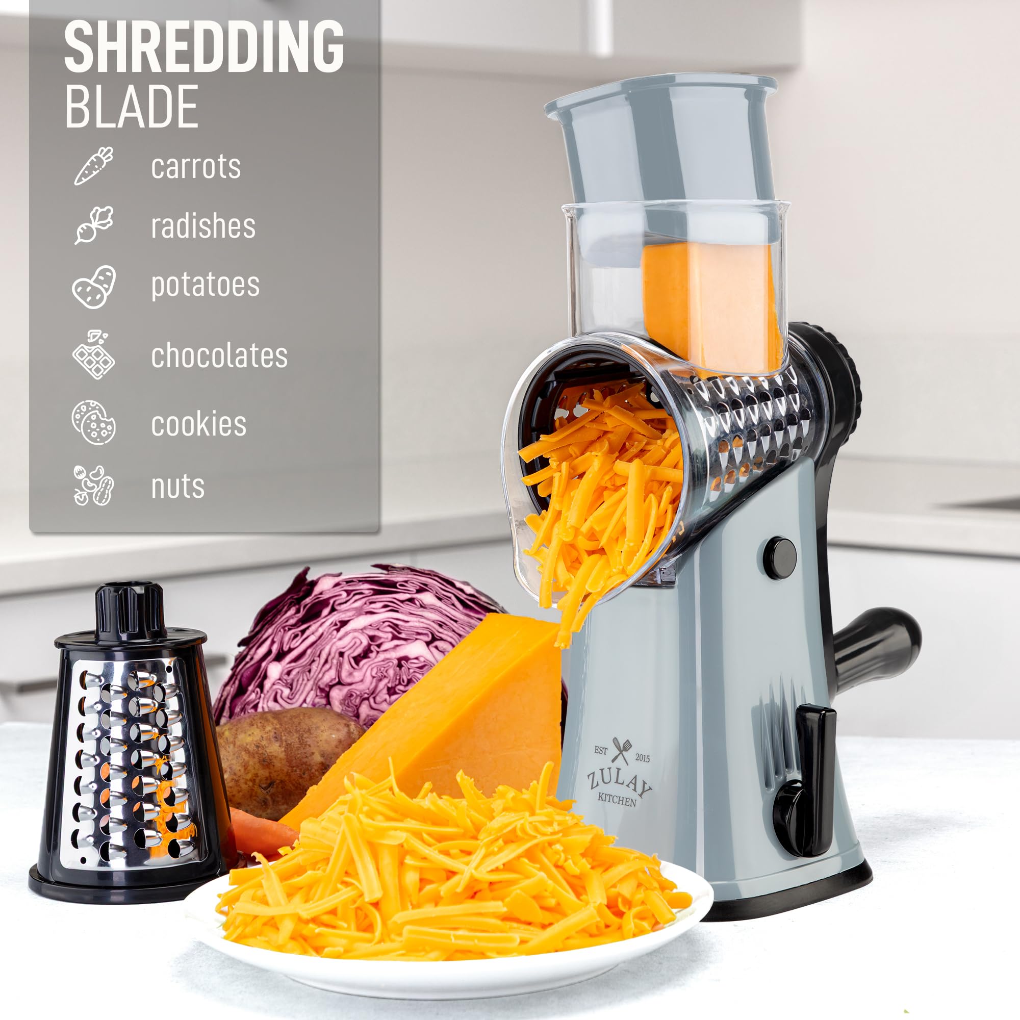 Zulay Kitchen Rotary Cheese Grater 5 Blade Cheese Shredder - Manual Hand Crank Cheese Grater With Reinforced Suction & 5 Interchangeable Drums - Easy to Use, Vegetable Chopper Round Mandoline Slicer