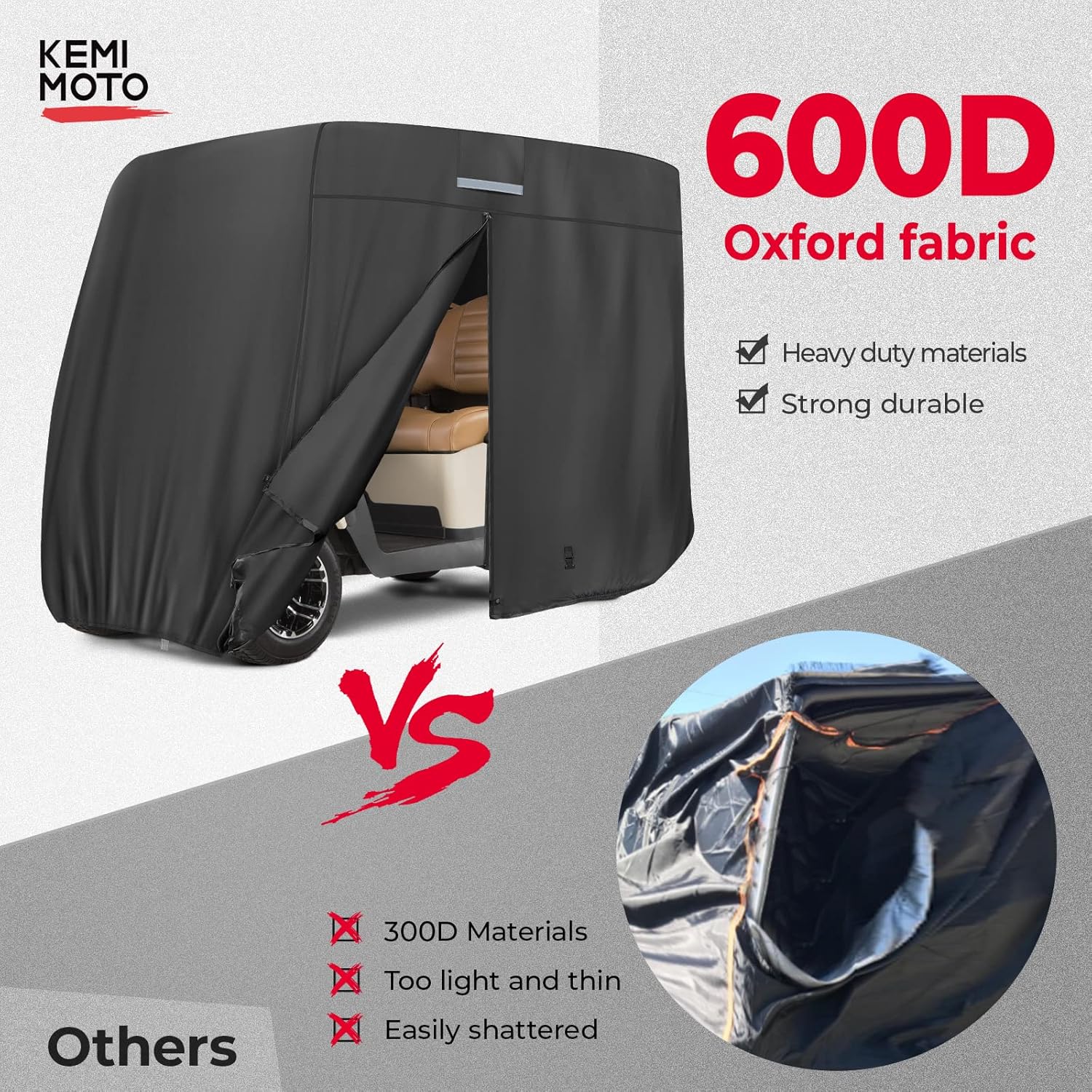 KEMIMOTO 600D Waterproof Golf Cart Cover, Universal Heavy Duty Large 2/2+2/4-Seater Golf Cart Rain Cover with Storage Bag Compatible with EZGO Club Car 2/2+2/4 Passenger, Black