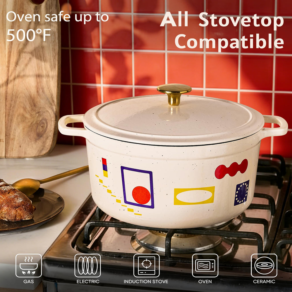 CAROTE 5 QT Cast Iron Dutch Oven Pot with Lid, Enameled Floral Dutch Ovens with Cotton Potholders & Oven Gloves, Gift Box, Cast Iron Pot for Sourdough Bread Baking, Braising, Stews, Roasting, Dual Handles, All Stovetop Compatible, Oven Safe up to 500° F,