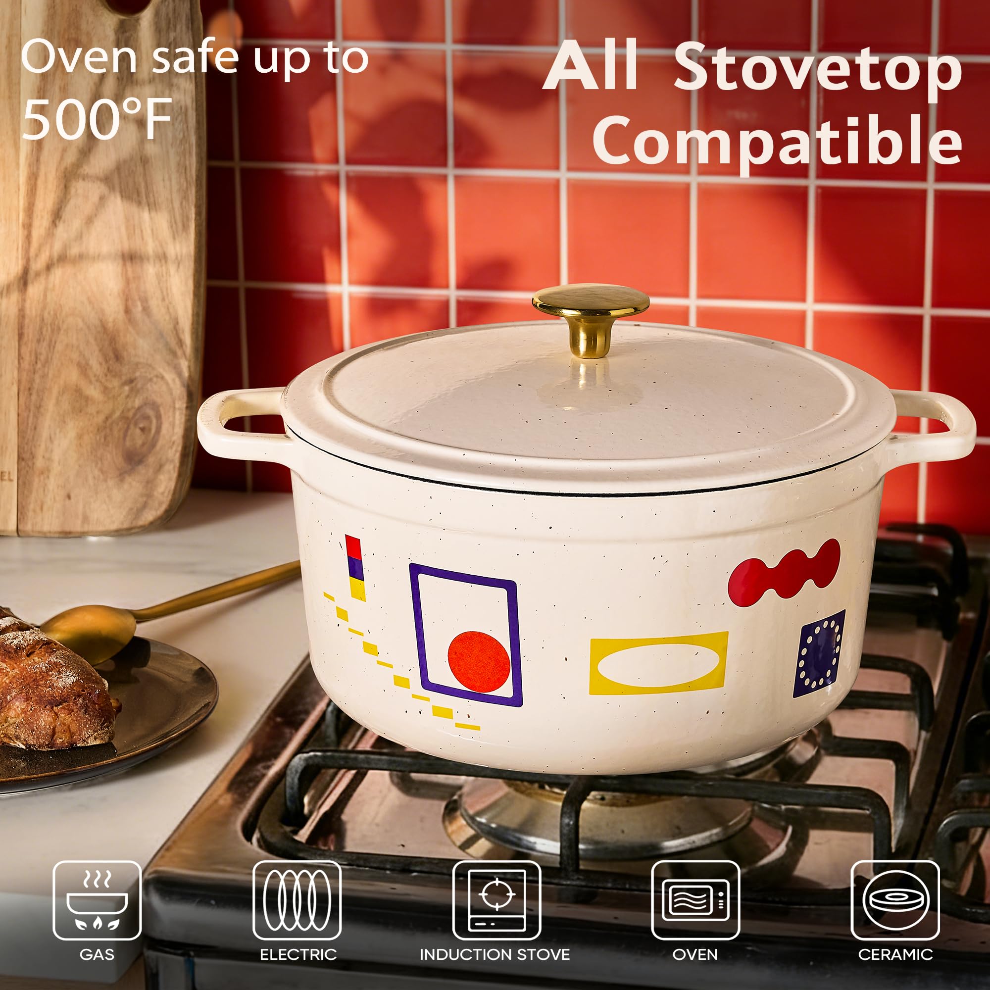 CAROTE 5 QT Cast Iron Dutch Oven Pot with Lid, Enameled Floral Dutch Ovens with Cotton Potholders & Oven Gloves, Gift Box, Cast Iron Pot for Sourdough Bread Baking, Braising, Stews, Roasting, Dual Handles, All Stovetop Compatible, Oven Safe up to 500° F,