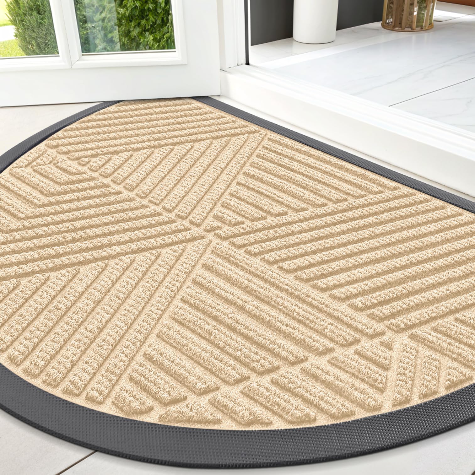 Smiry Front Door Mat Outside Entrance, Heavy Duty Sturdy Natural Rubber Doormat, Trap Dirt and Moisture, Easy Clean Low Profile Mats for Indoor Outdoor Entry, Irregular Triangle (29.5x17, Black)