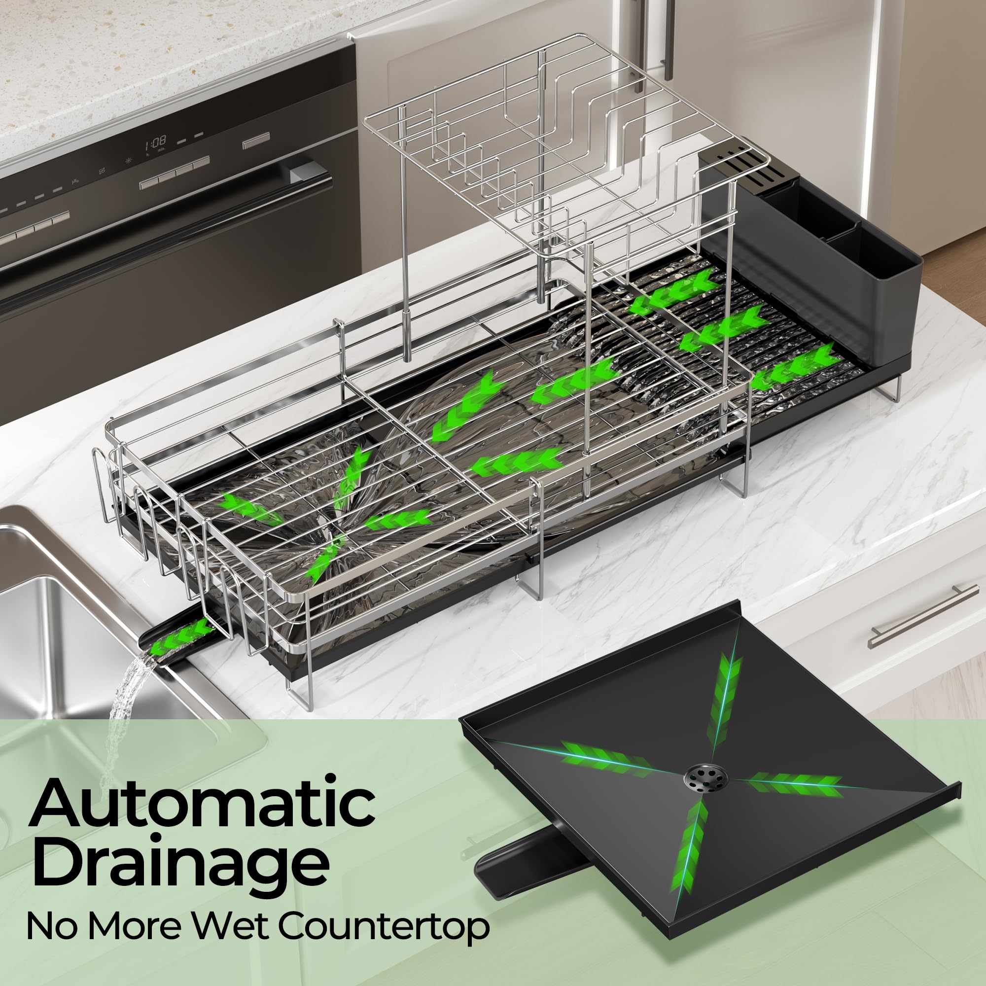 Large Dish Drying Rack, Expandable Dish Rack, Stainless Steel Anti-Rust Dish Racks for Kitchen Counter, Multifunctional Dish Drainer with Utensil Holder & Cup Holder, 13.4"-28.7" L x 11.8" W