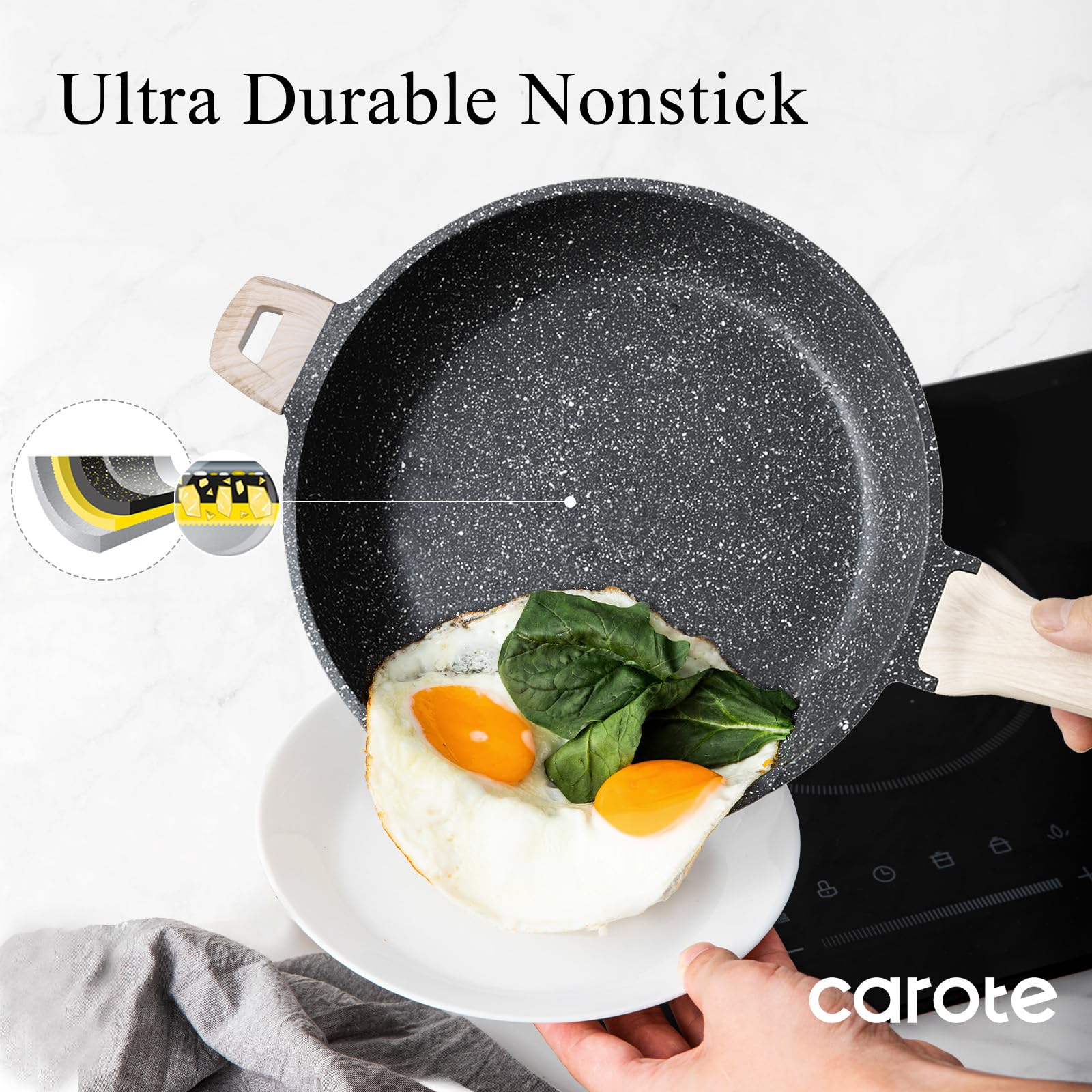 CAROTE Nonstick Frying Pan Skillet,Non Stick Granite Fry Pan Egg Pan Omelet Pans, Stone Cookware Chef's Pan, PFOA Free,Induction Compatible(Classic Granite, 8-Inch)