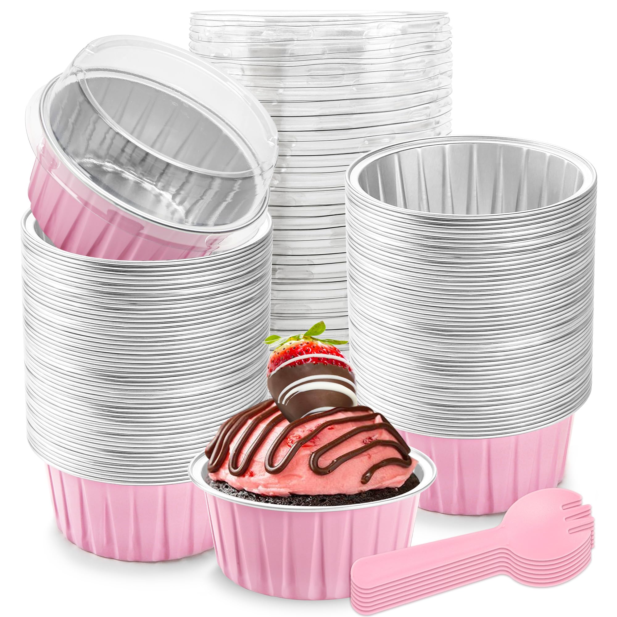 5 OZ Mini Loaf Pans with Lids Mini Cake Pans Baking Cups Disposable Ramekin for Cupake Pudding Party Wedding Birthday(50 Pack, Pink)