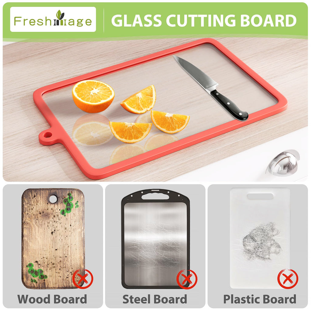 Freshmage 2Pcs Tempered Glass Cutting Boards for Kitchen, Glass Cutting Board Set (15"x10" & 12"x8") with Non-Slip Silicone Edges and Hanging Hole, Clear Cutting Board for Countertop & Chopping