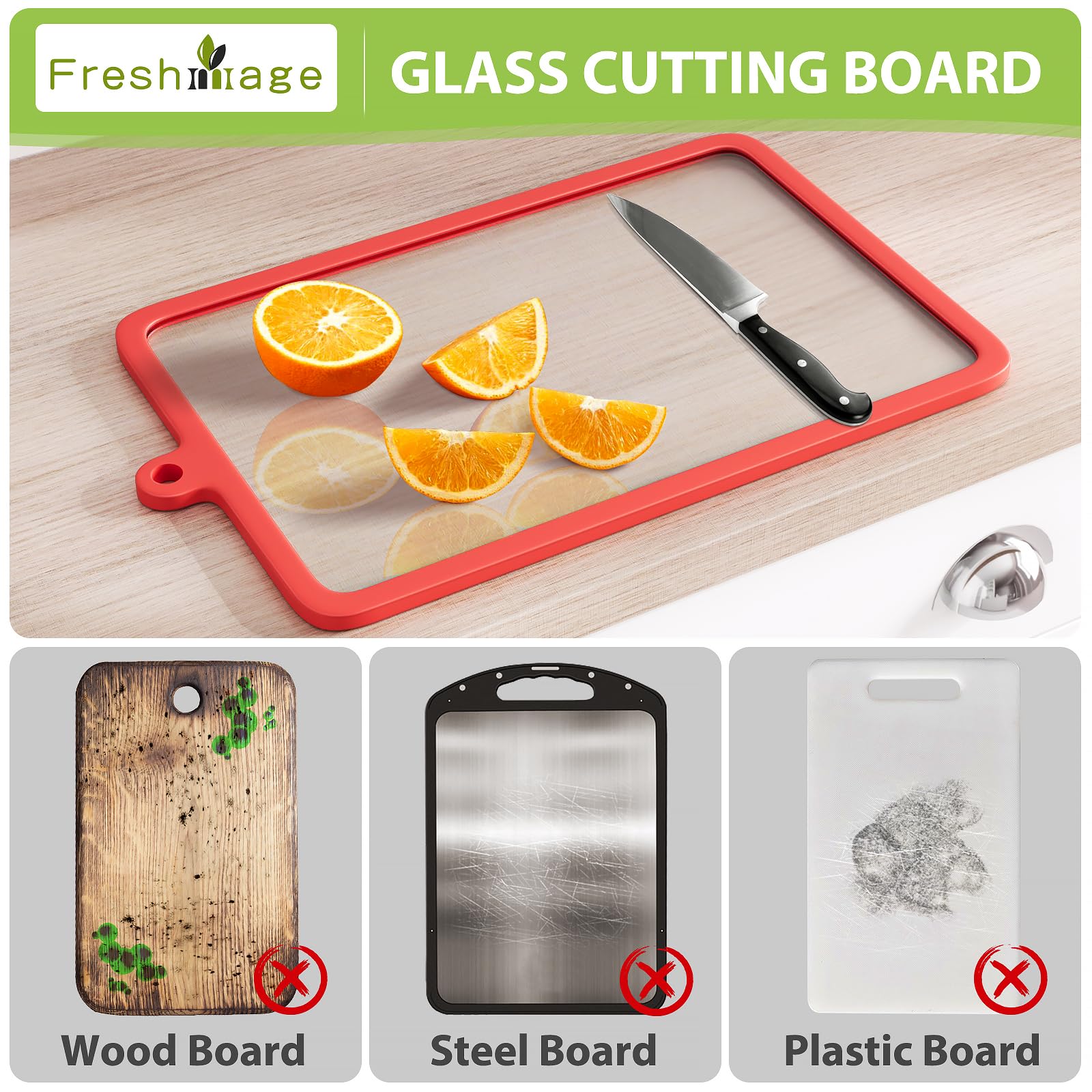 Freshmage 2Pcs Tempered Glass Cutting Boards for Kitchen, Glass Cutting Board Set (15"x10" & 12"x8") with Non-Slip Silicone Edges and Hanging Hole, Clear Cutting Board for Countertop & Chopping