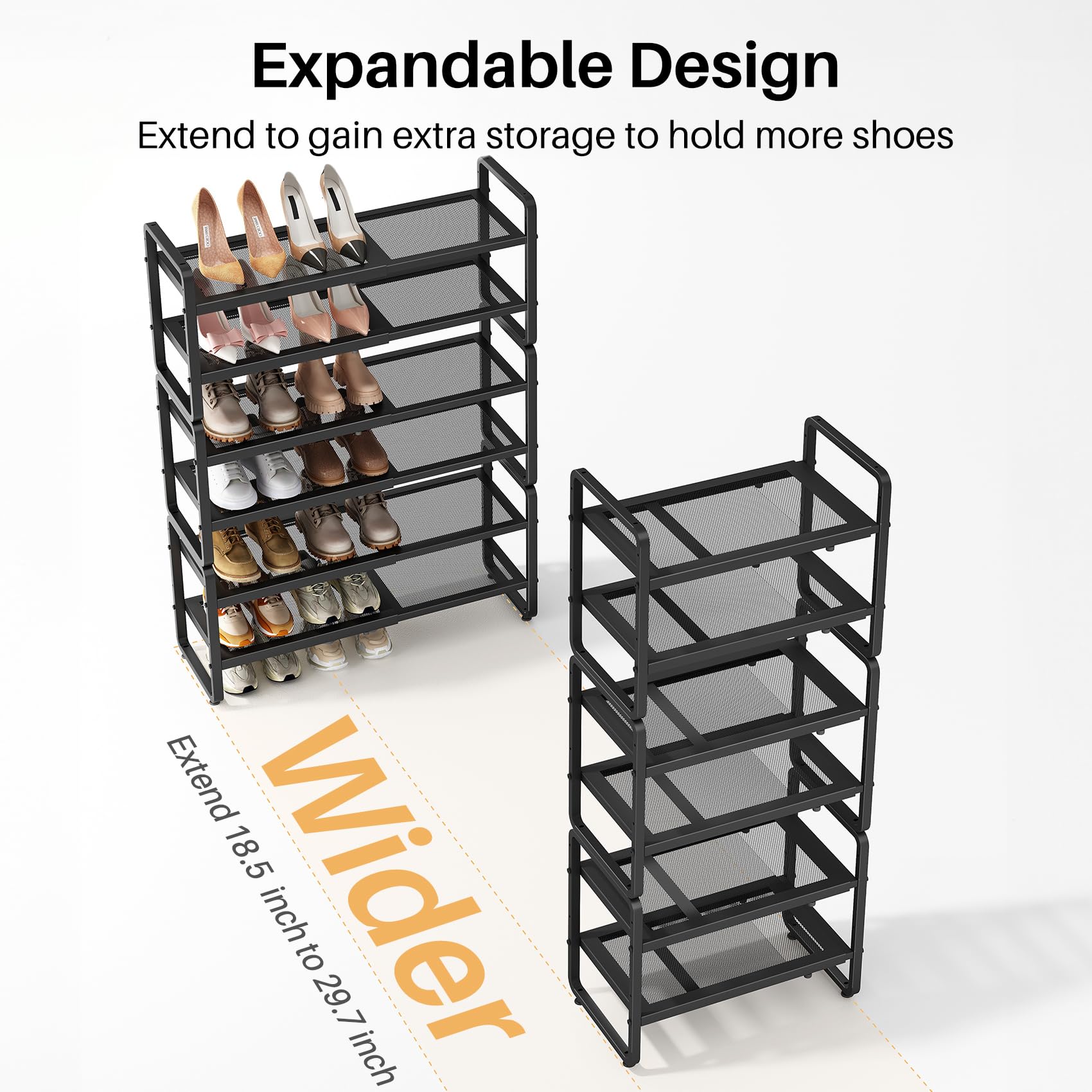 SNTD Shoe Rack - Expandable Shoe Organizer for Closet, Adjustable Metal Shoe Shelf Storage, Stackable Long Shoe Stand Holder for Garage, Entryway, Door Entrance (Black, 2-Tier)